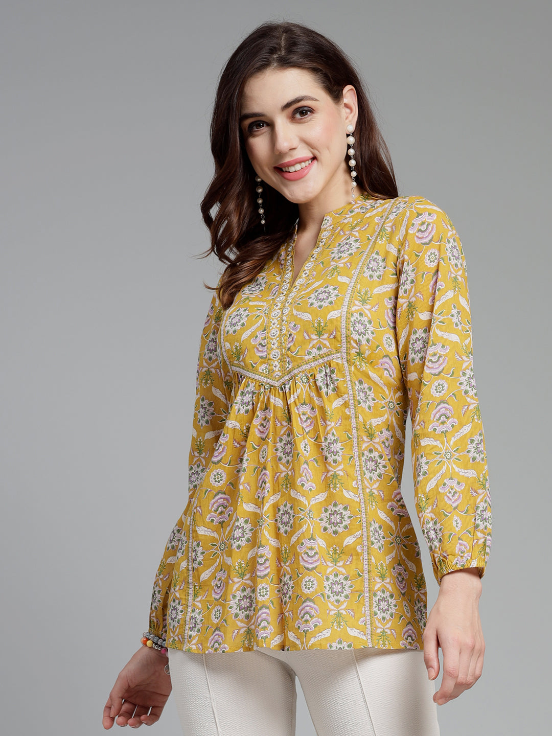 Ethnic Motifs Printed Mandarin Collar Pure Cotton Top
