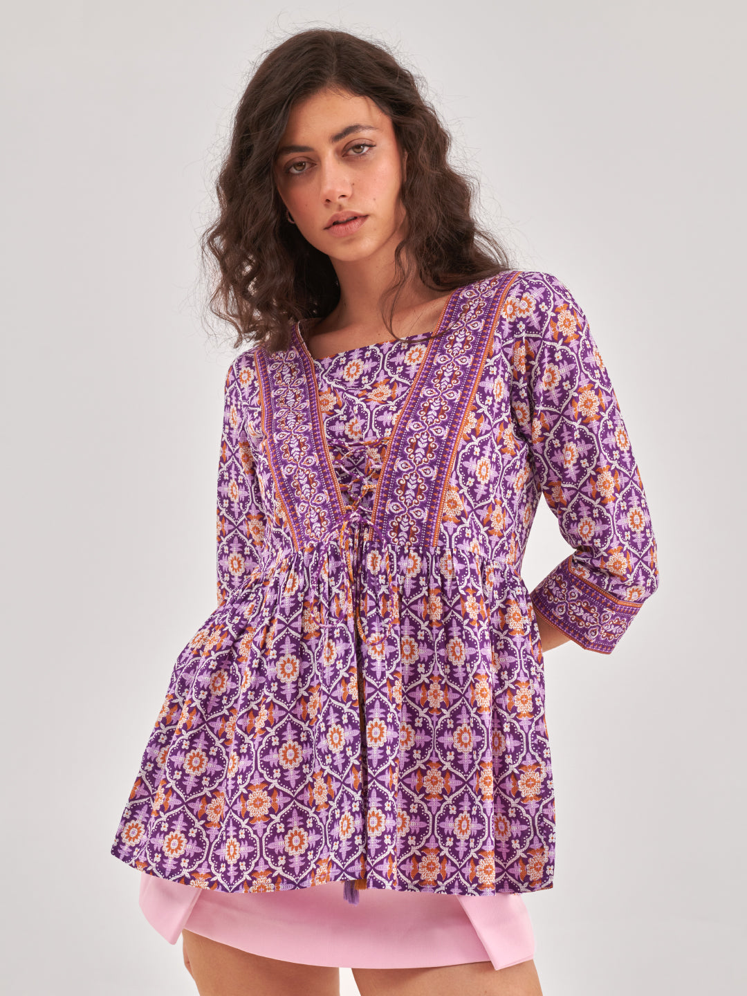 Purple Printed top with gathers and tie up detail