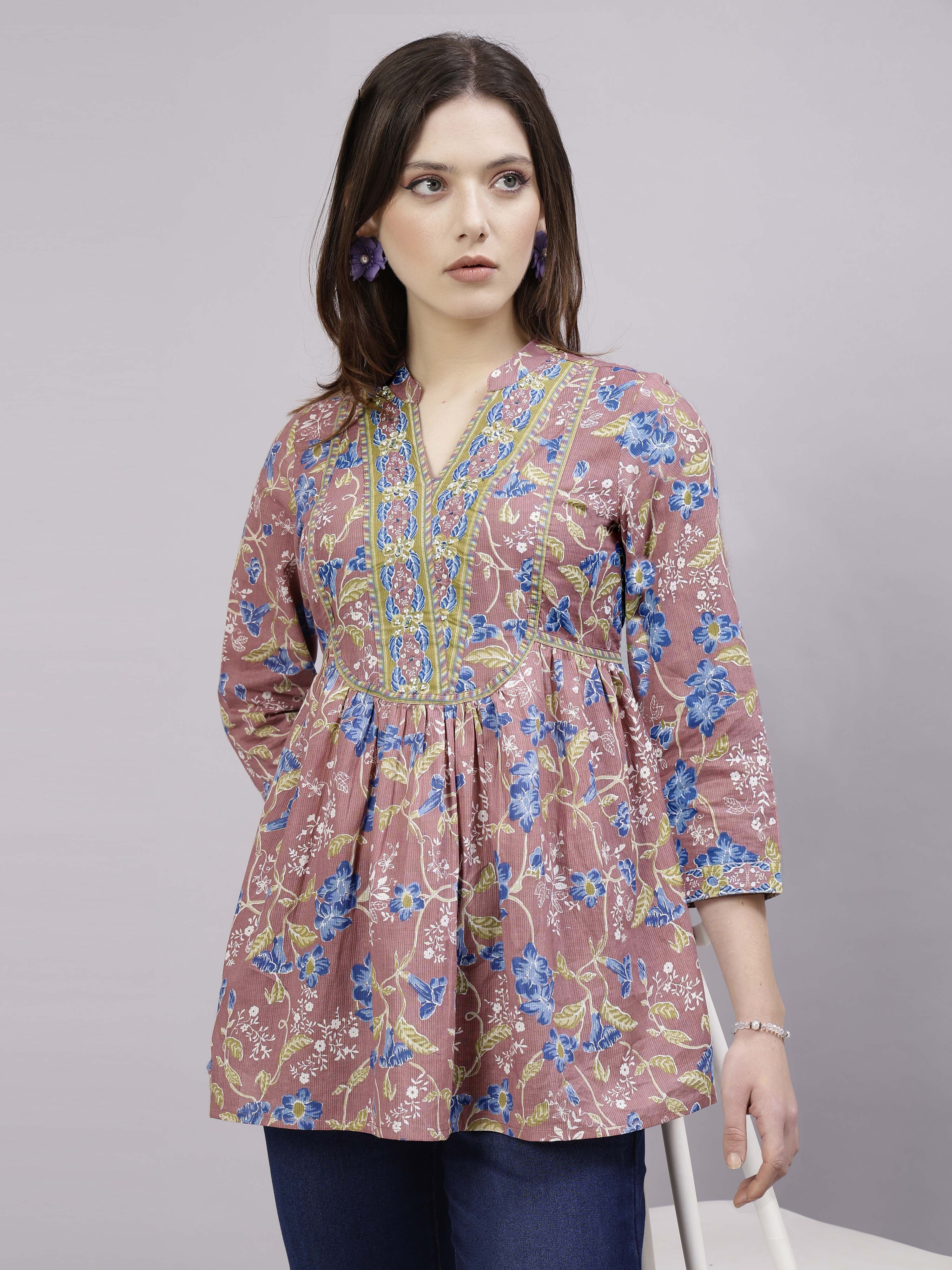 Rose pink floral printed Top with embellished yoke