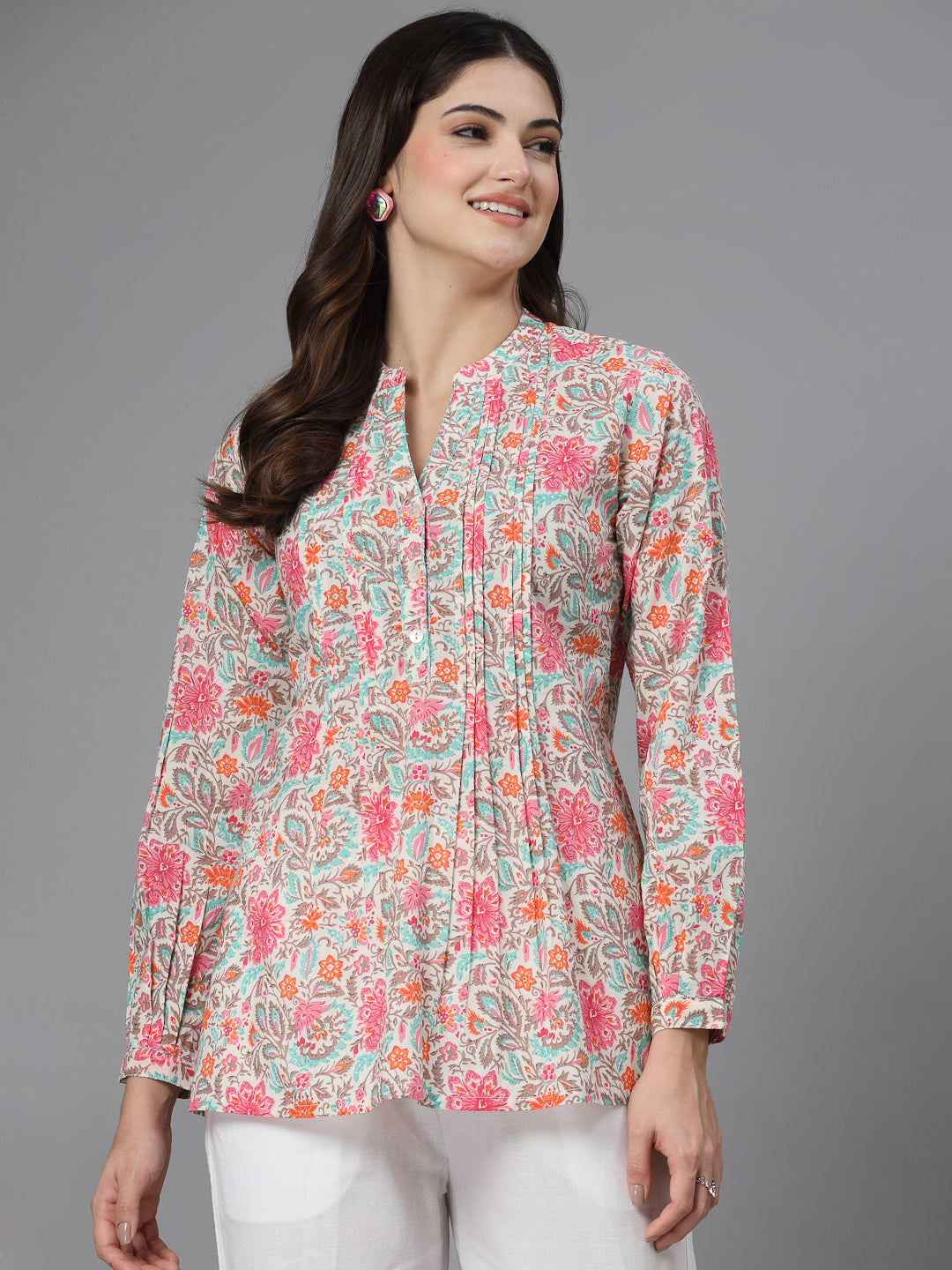 Pink Floral Print Mandarin Collar Long Sleeves Pintucks Top