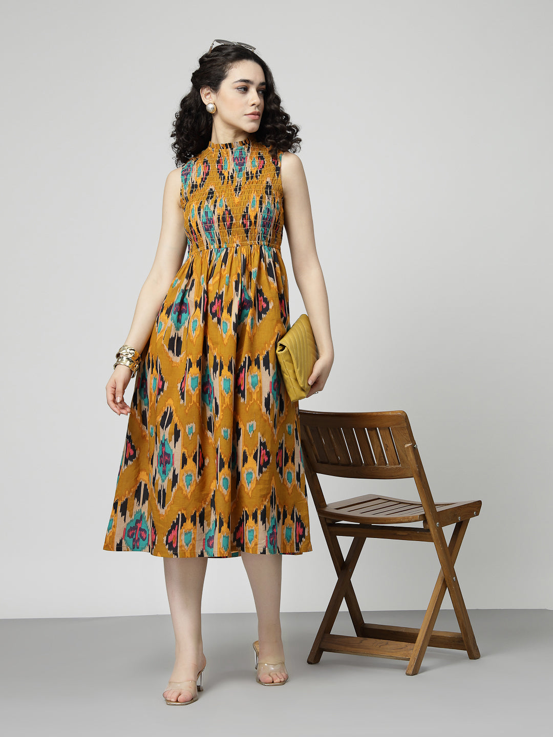 Ikat Print smocking midi dress