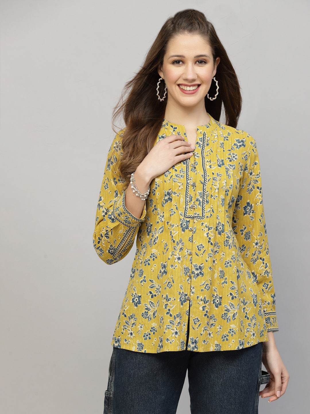 Yellow Floral Printed Shirt Style Top