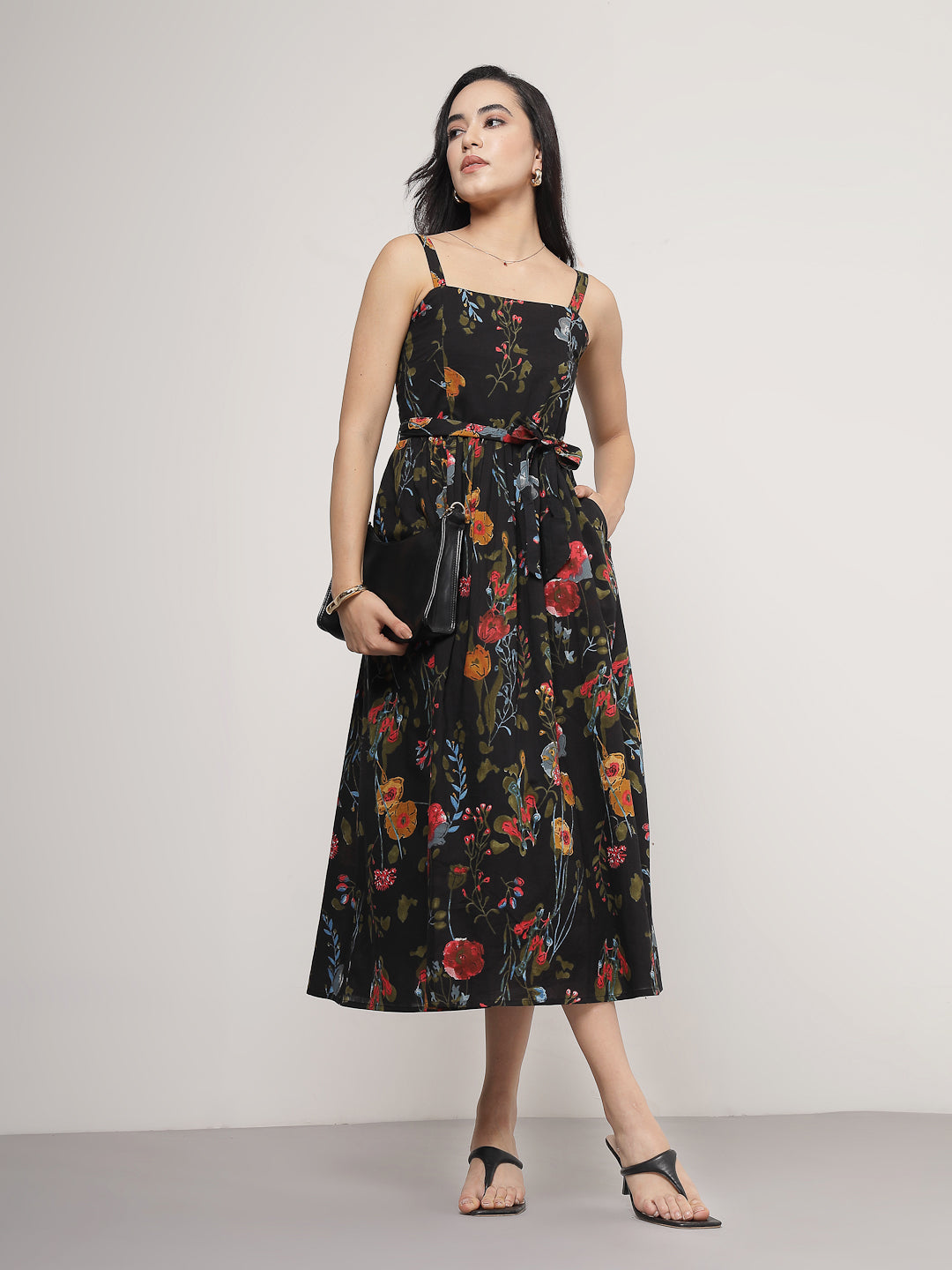 Black Multi-Floral Midi Cotton Dress