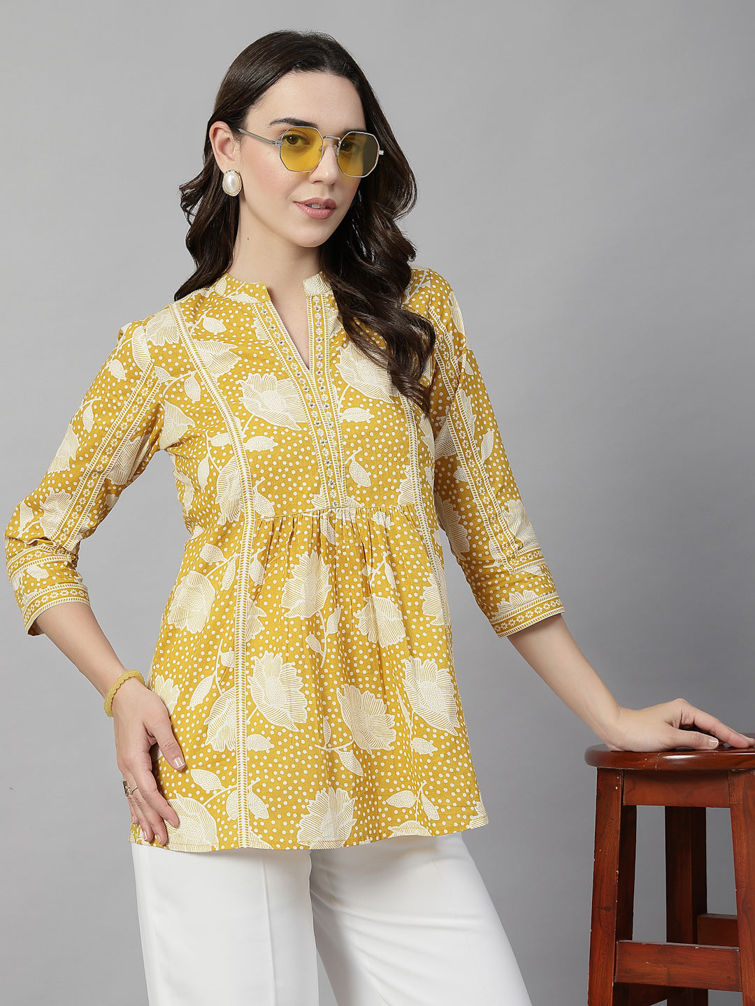 Yellow Floral Print Cotton Top