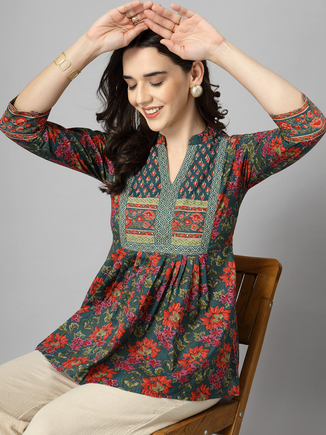 Floral Print Mandarin Collar Cotton Top