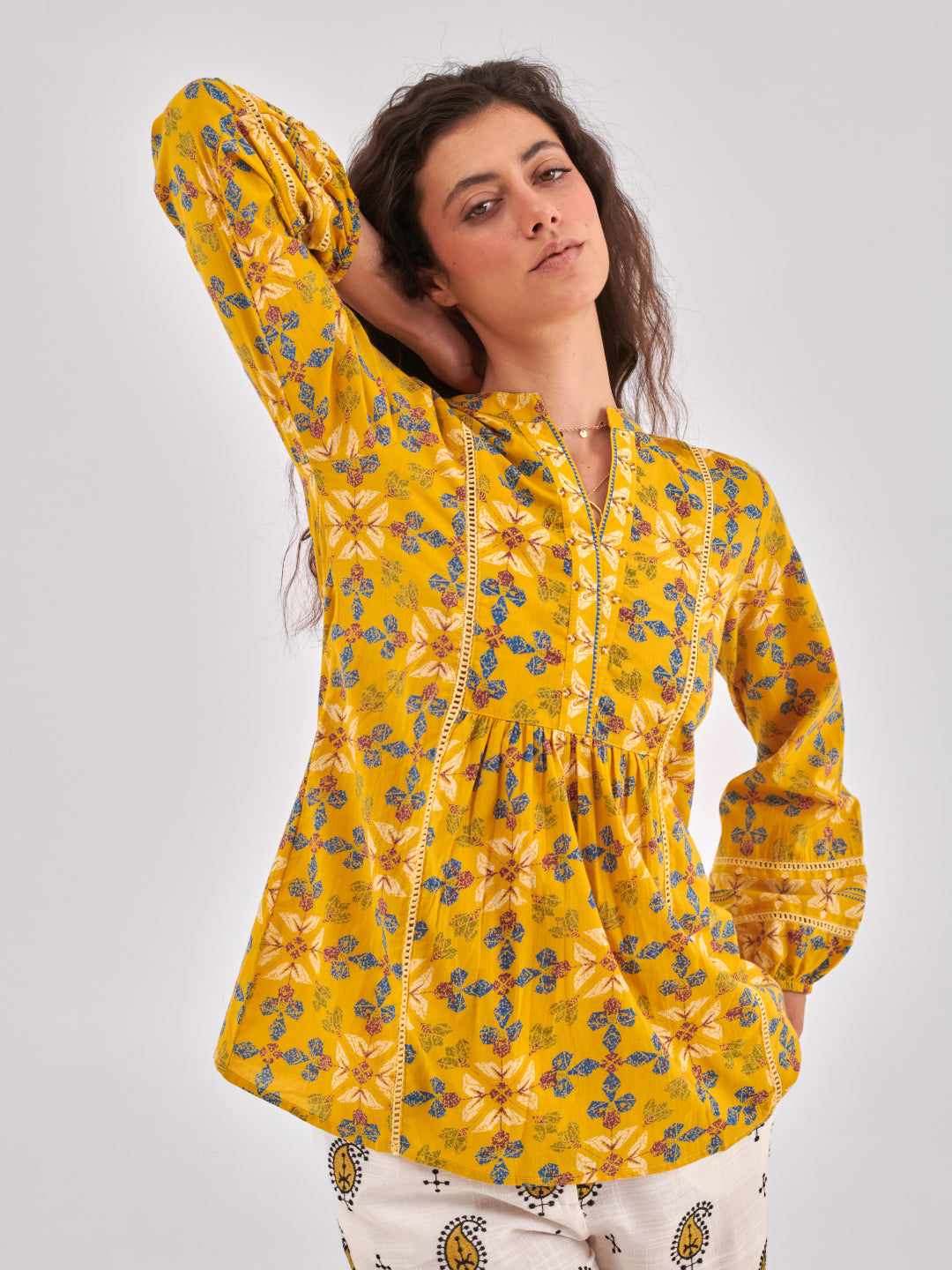 Mustard Floral Print Lace Insert cotton Top