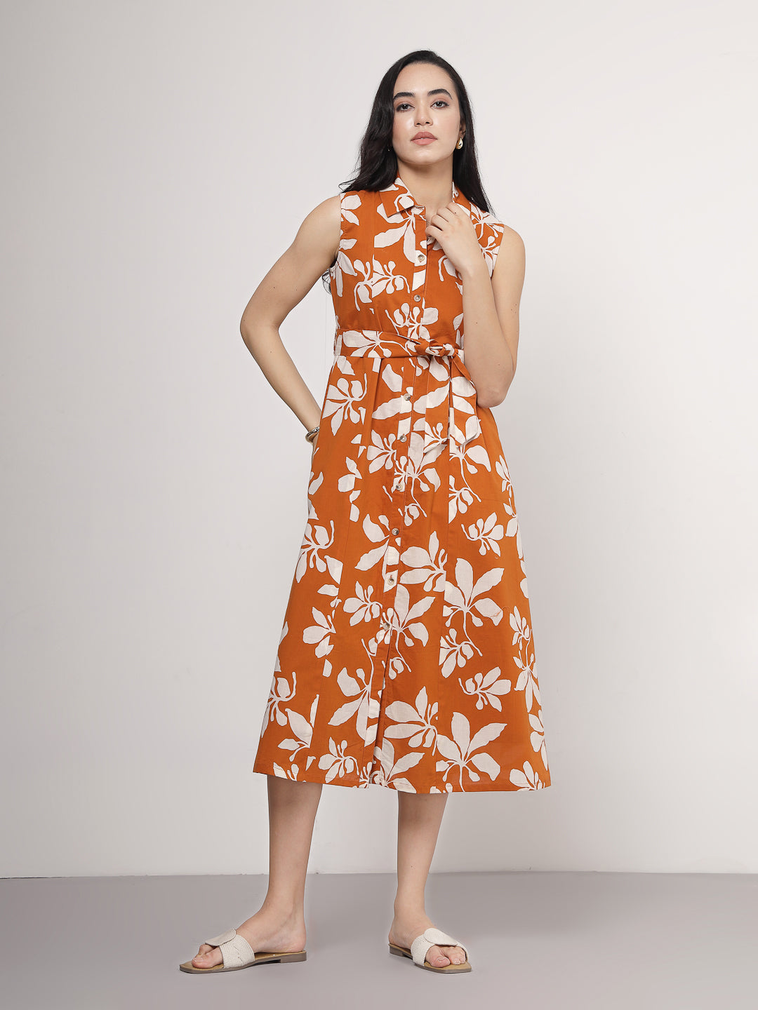 Orange Tropical Floral Midi Dress