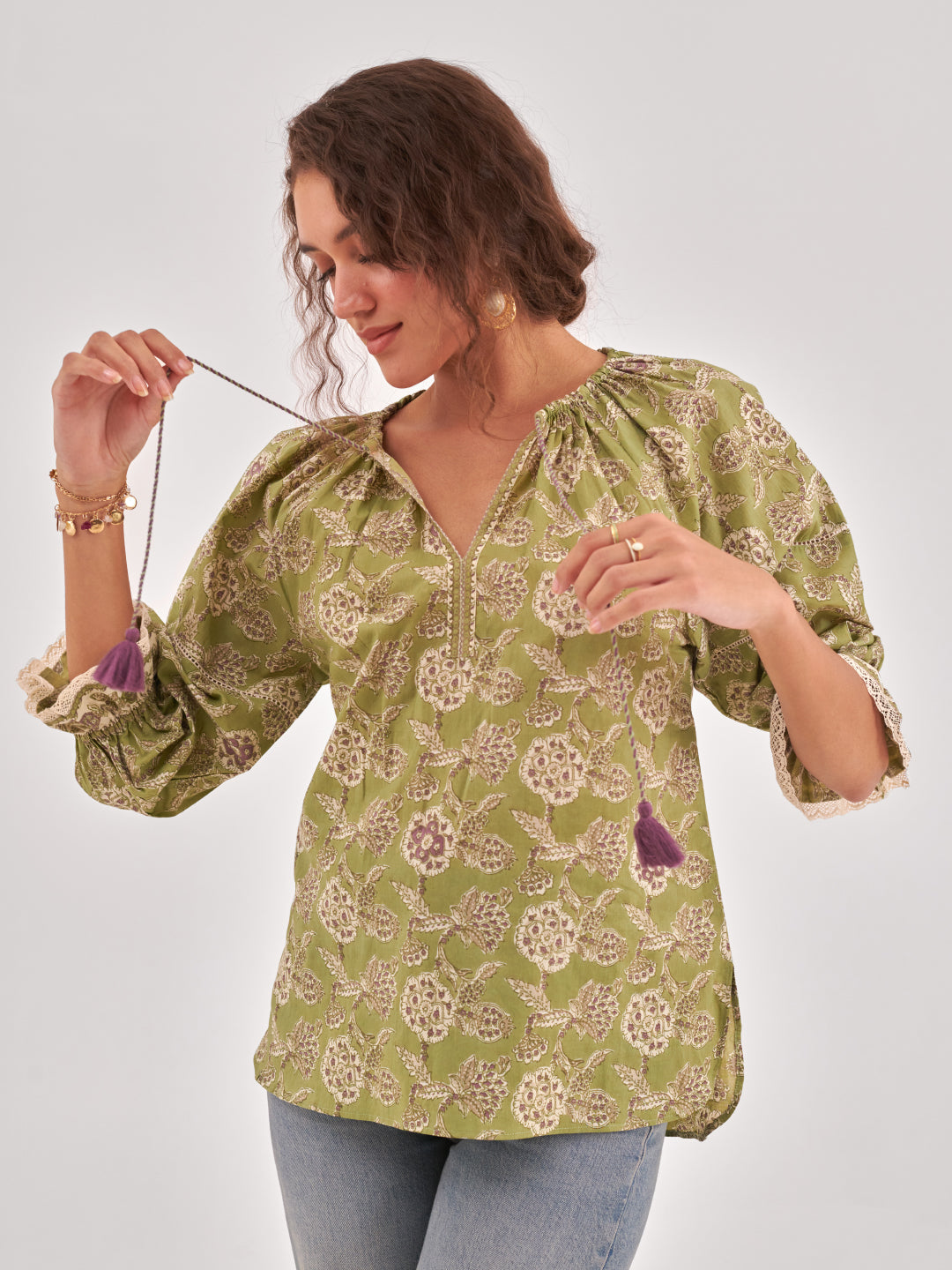 Floral print puff sleeve cotton top