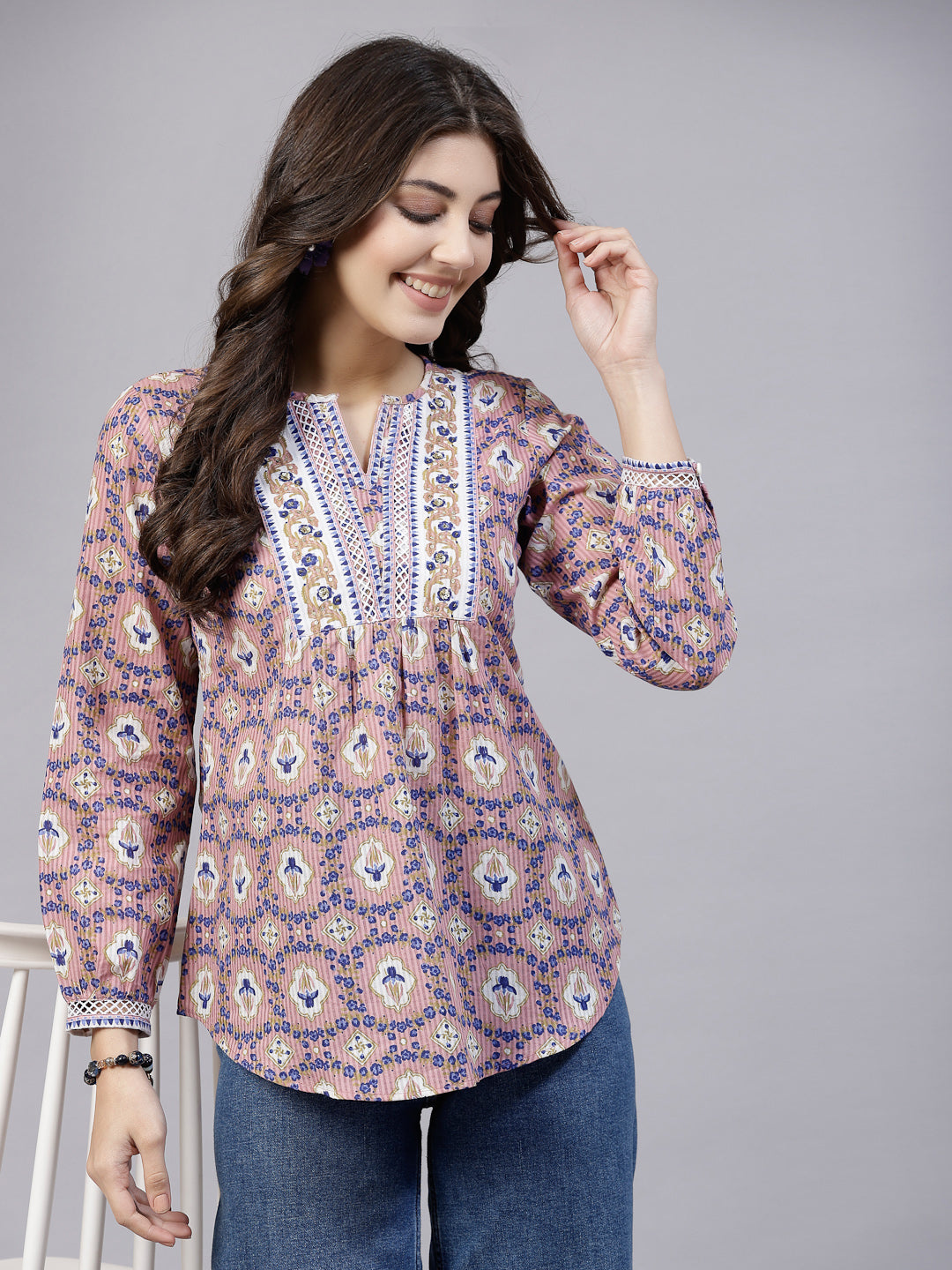 Pink floral printed Top with lace inserts