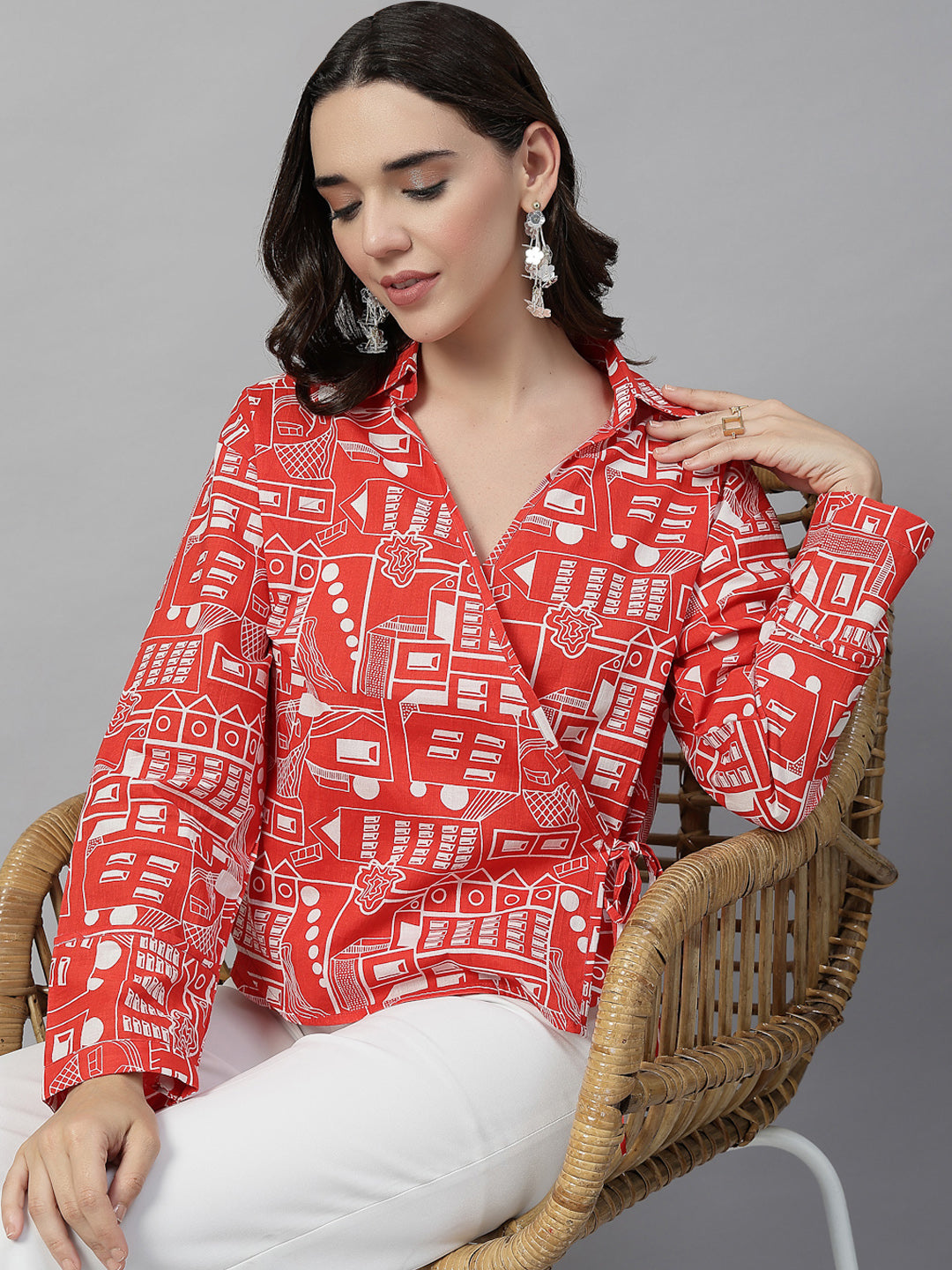 Tie-up Printed V-Neck Top