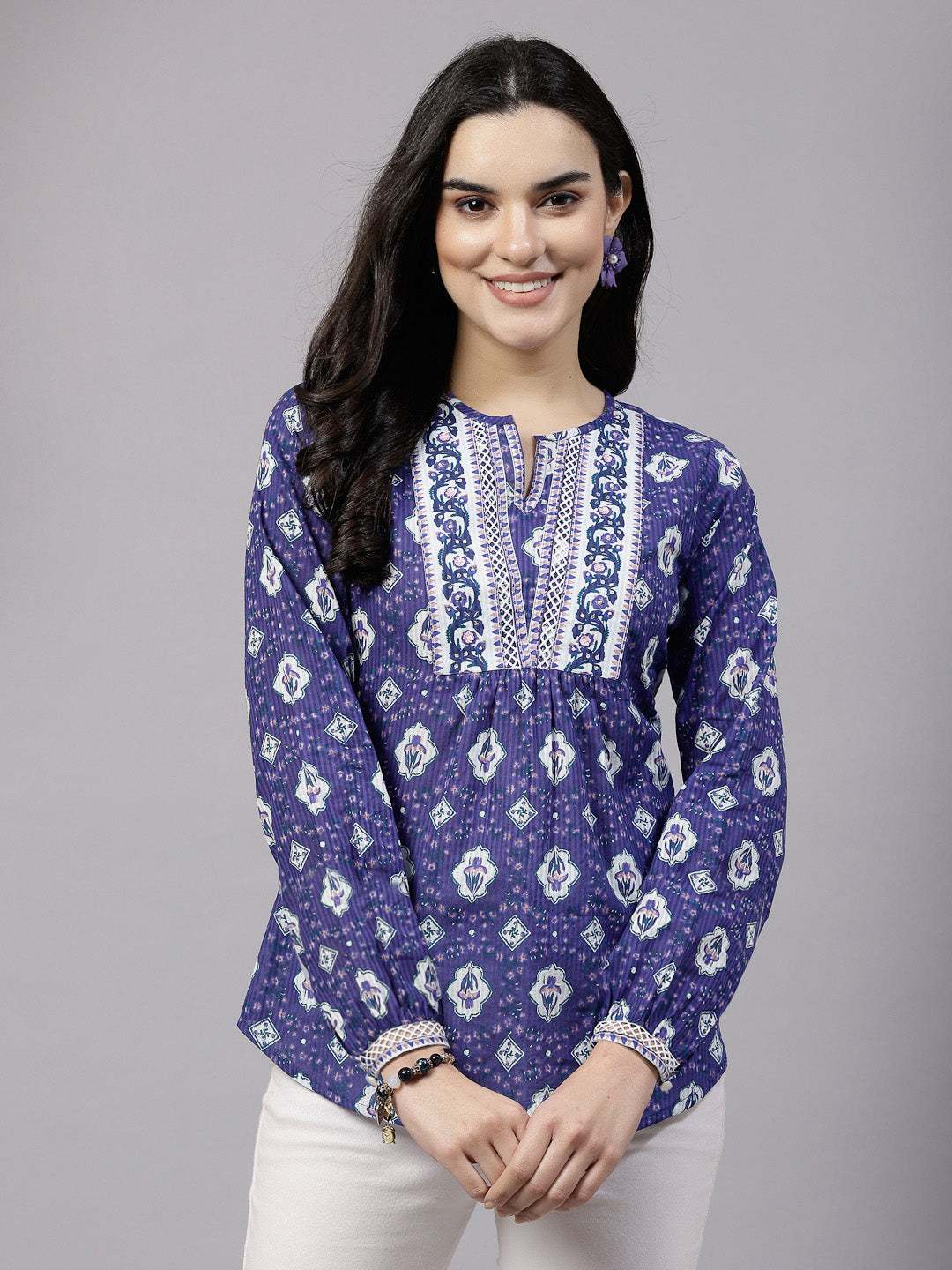 Violet floral printed Top with lace inserts
