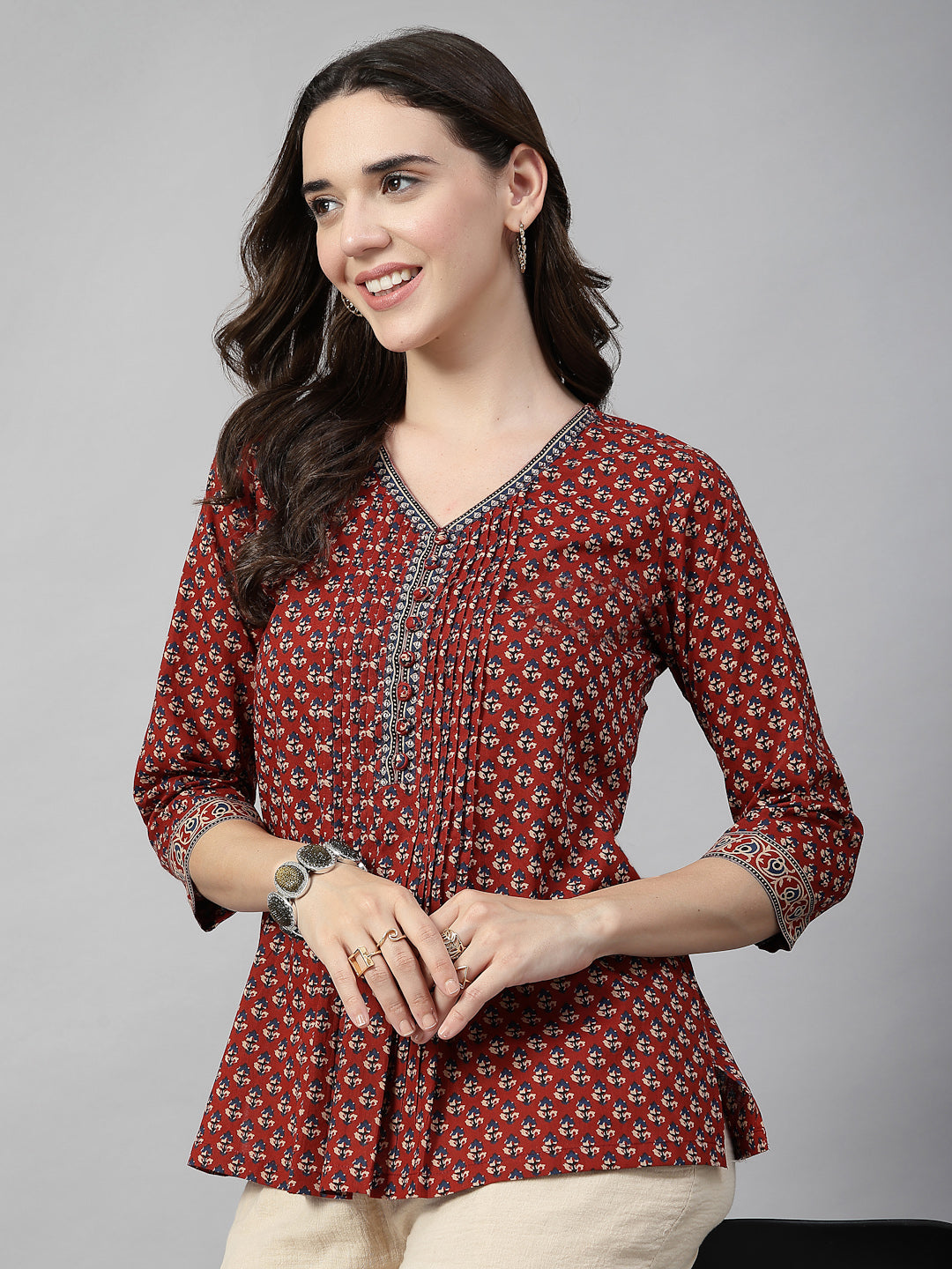 Printed Cotton Pintucks Top