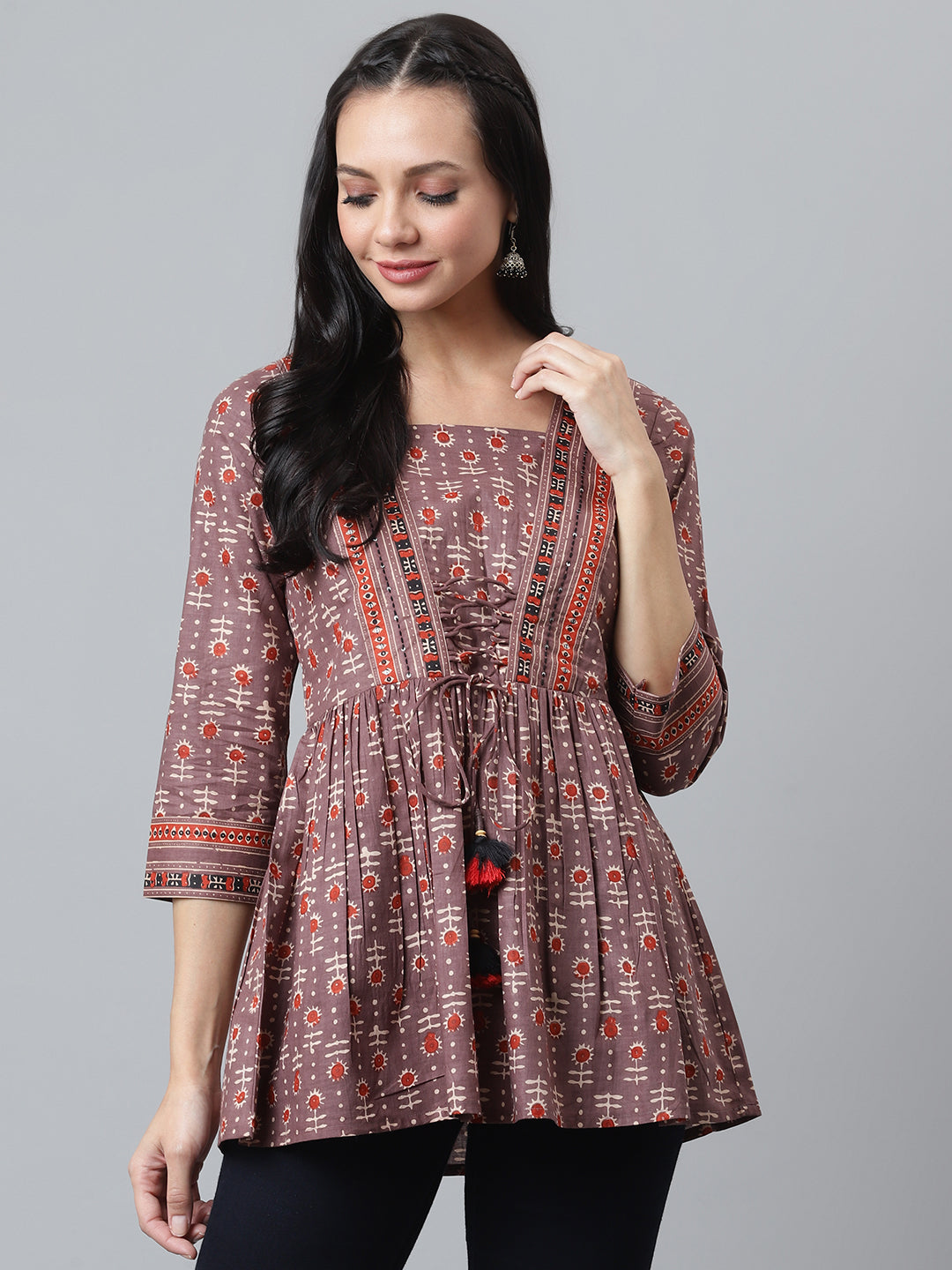 Rust Printed top with gathers and tie up detail