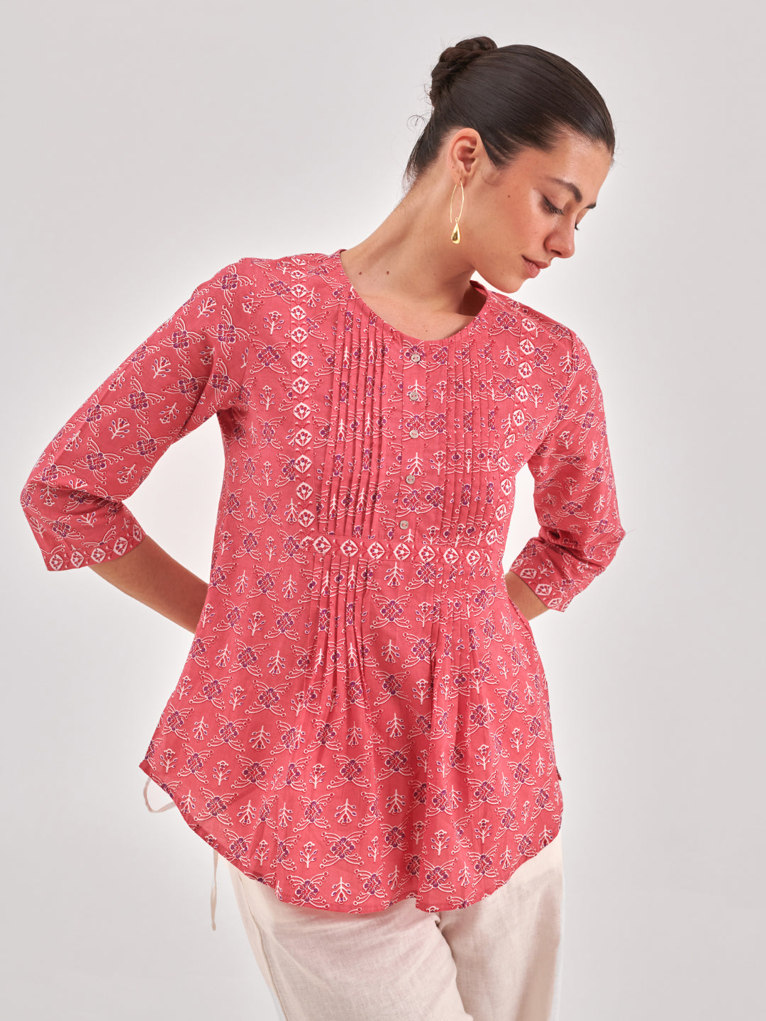 Pink Printed Pintucks Detail Top