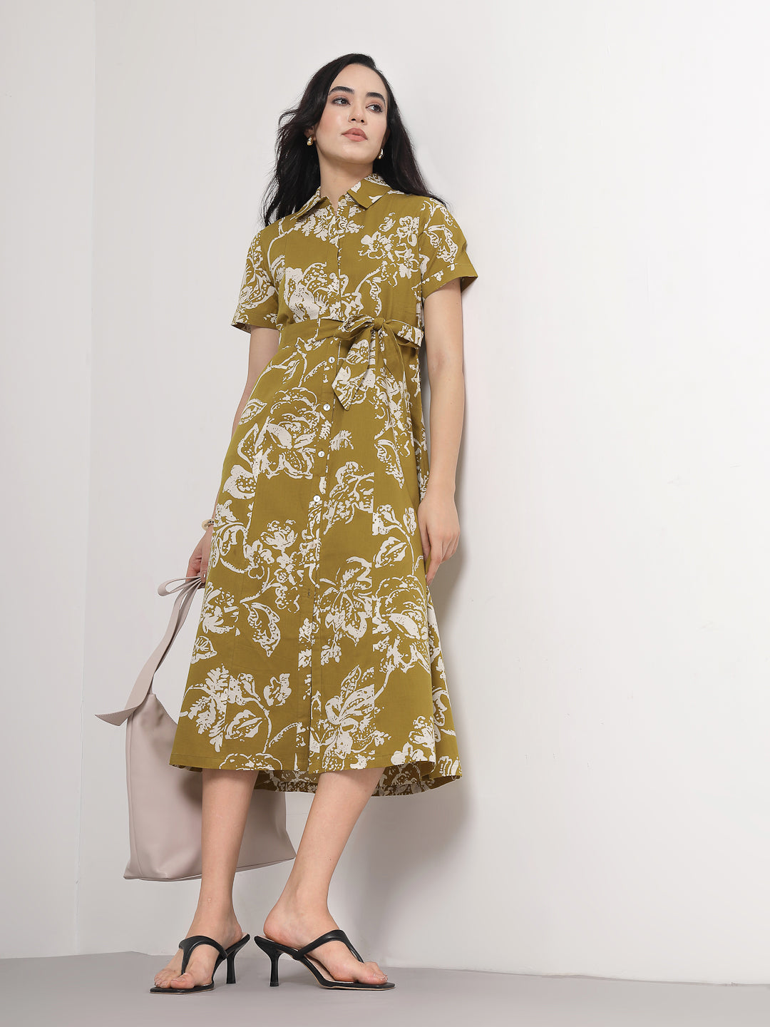 Olive Botanical Print midi Dress