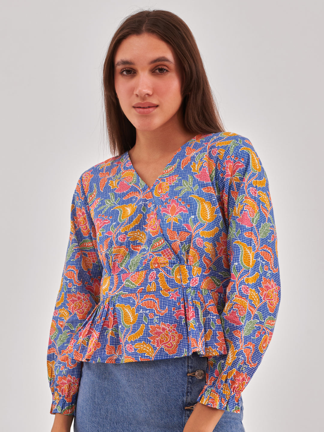 Blue printed cinched waist top