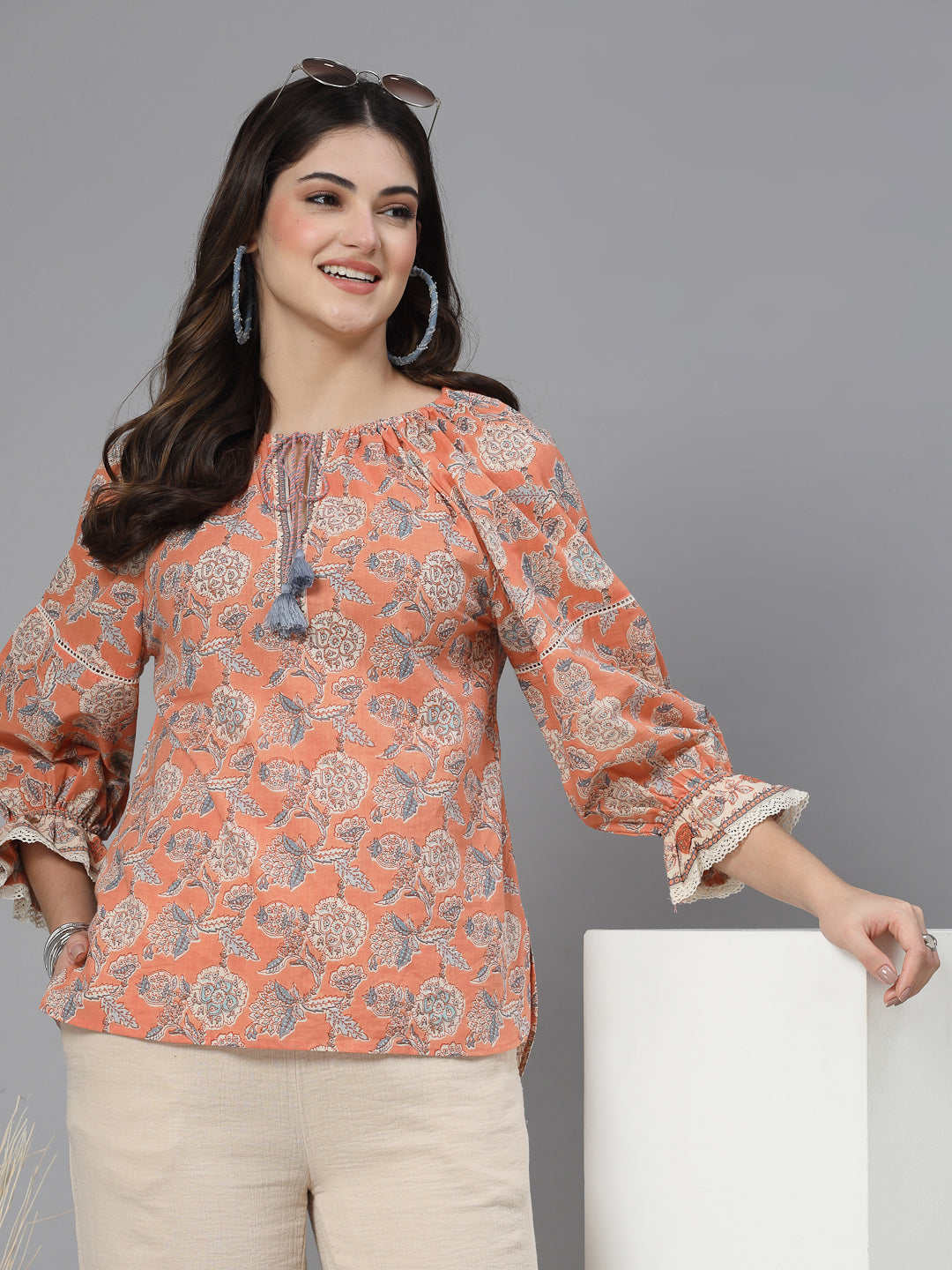 Floral print puff sleeve cotton top