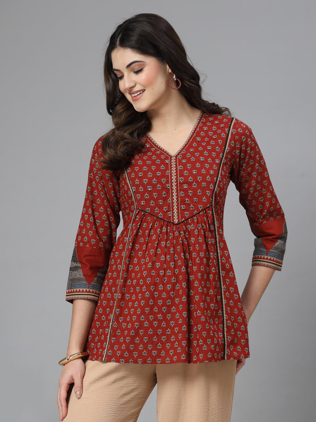 Red Printed V-Neck Gathered Pure Cotton Empire Top