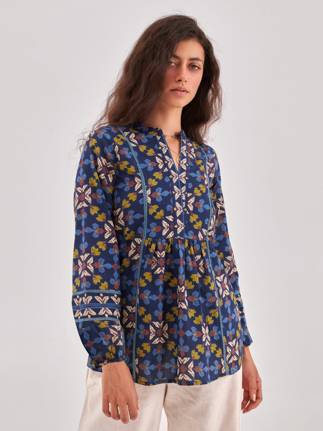 Navy Blue Floral Print Lace Insert cotton Top