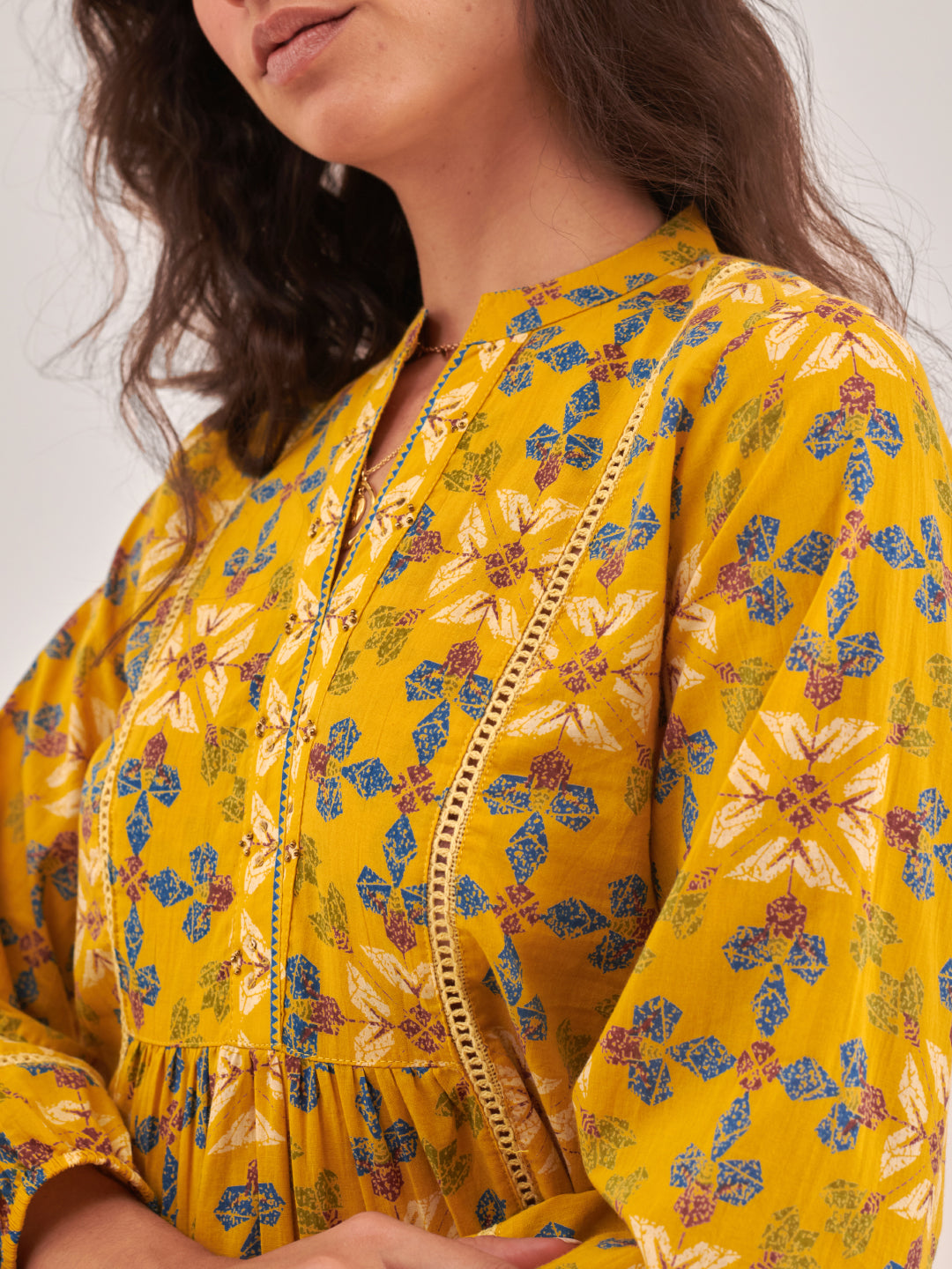 Mustard Floral Print Lace Insert cotton Top