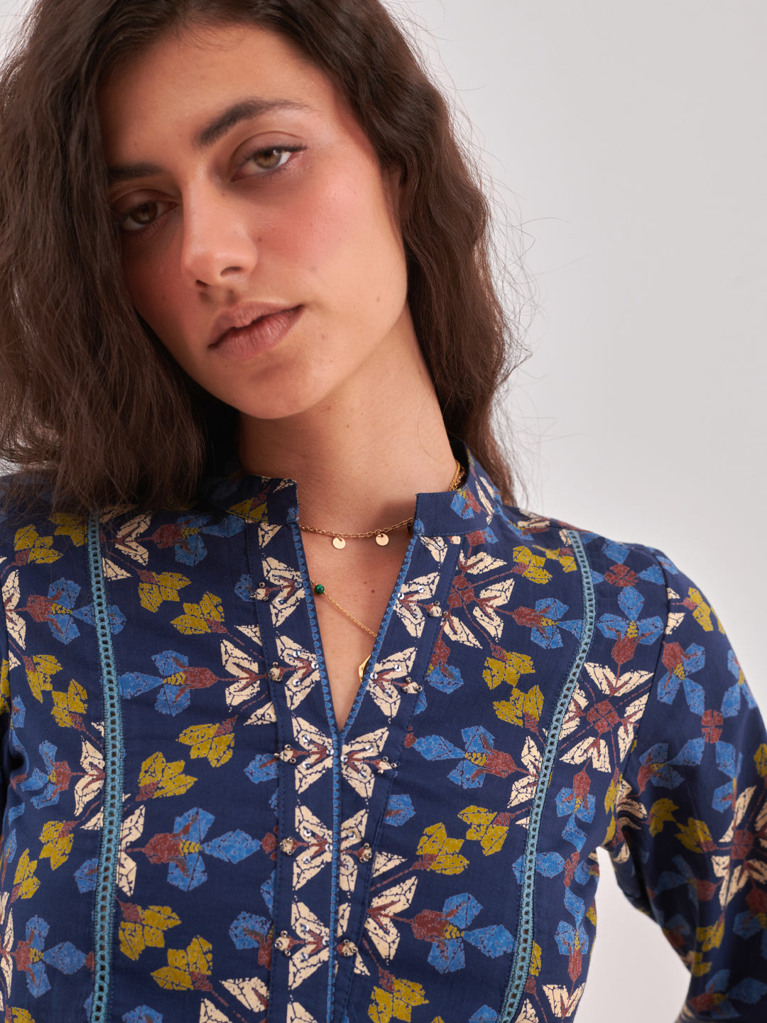 Navy Blue Floral Print Lace Insert cotton Top