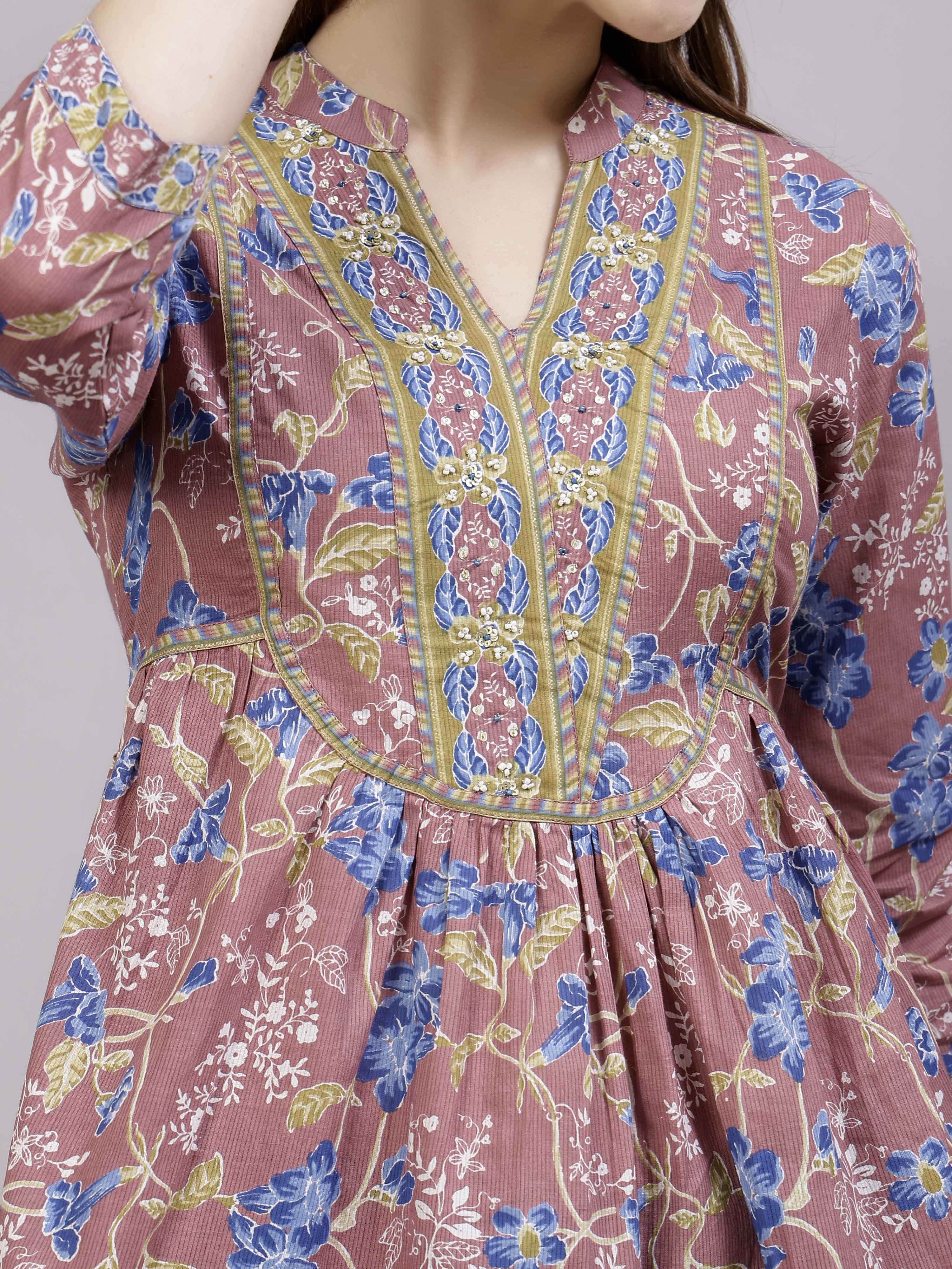 Rose pink floral printed Top with embellished yoke