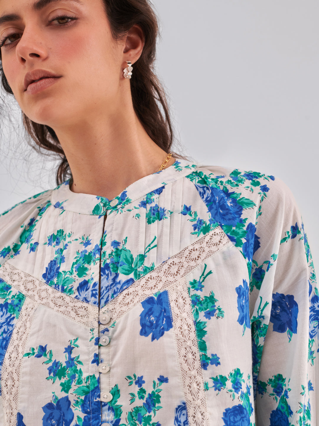 Rose print lace insert Top