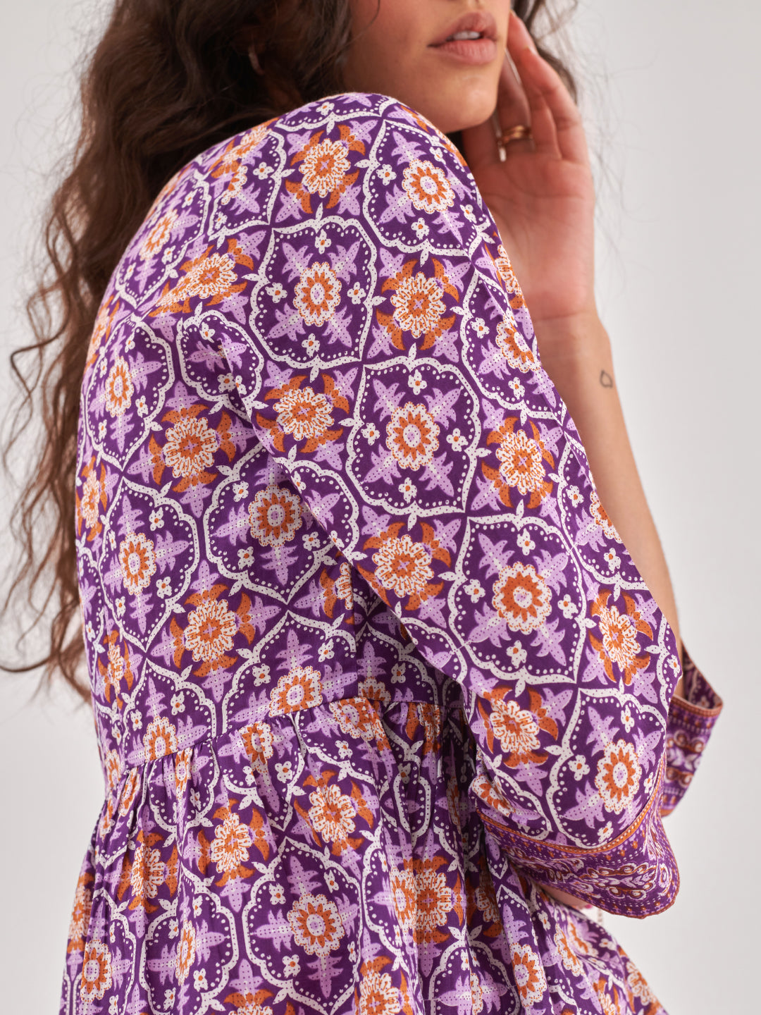Purple Printed top with gathers and tie up detail