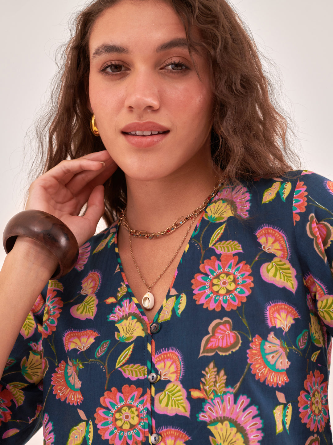 Floral Print Cotton Shirt Style Top
