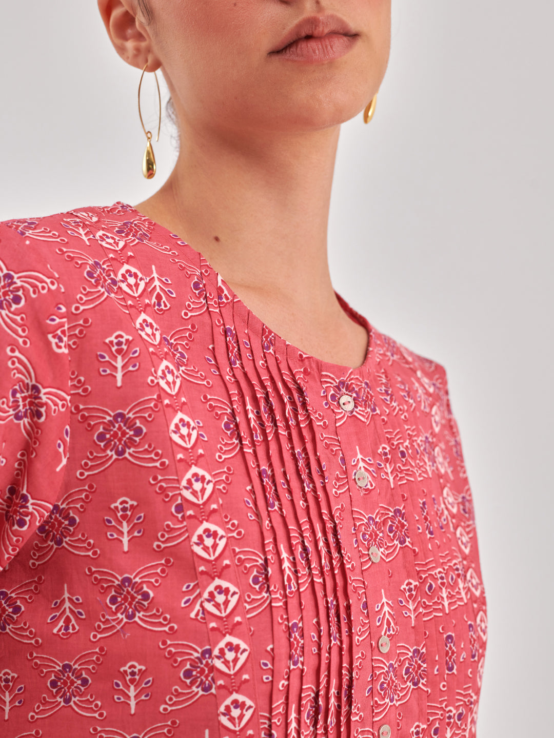 Pink Printed Pintucks Detail Top