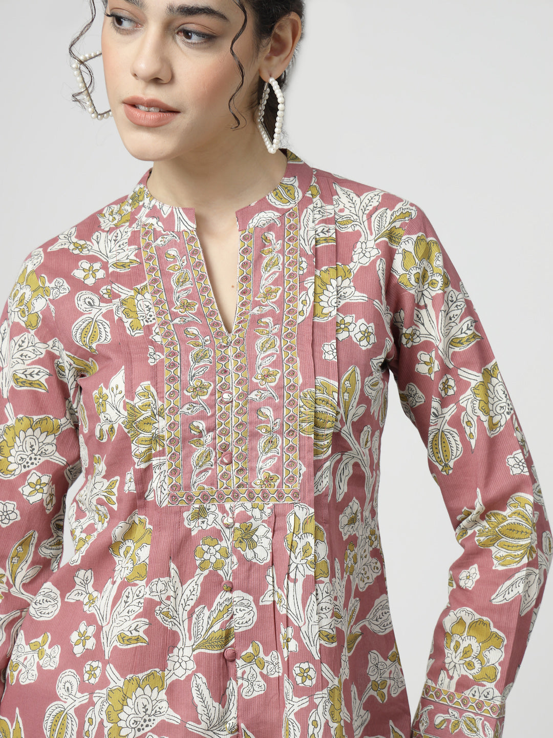 Floral Print Cotton Pintucks Top
