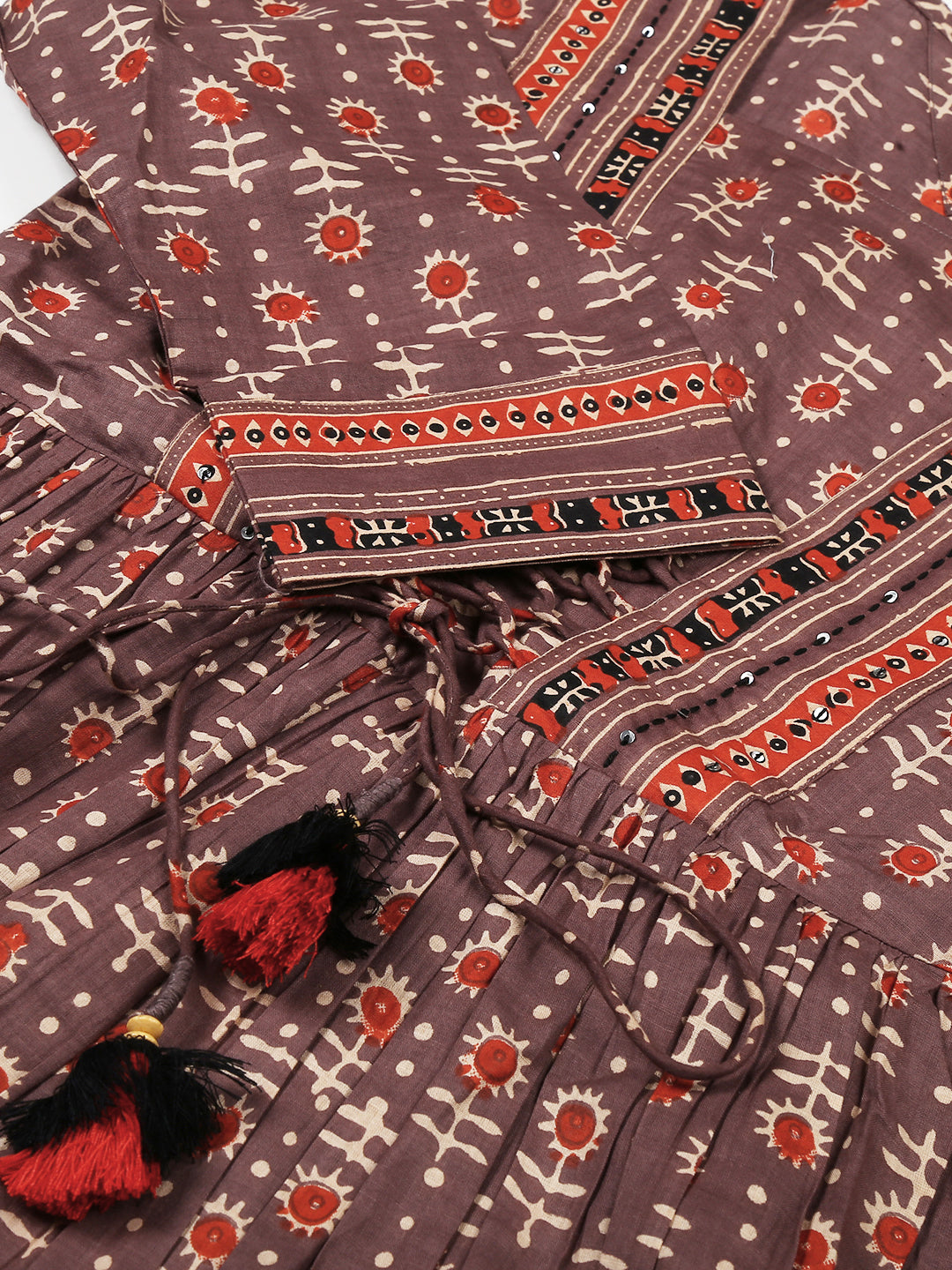 Rust Printed top with gathers and tie up detail