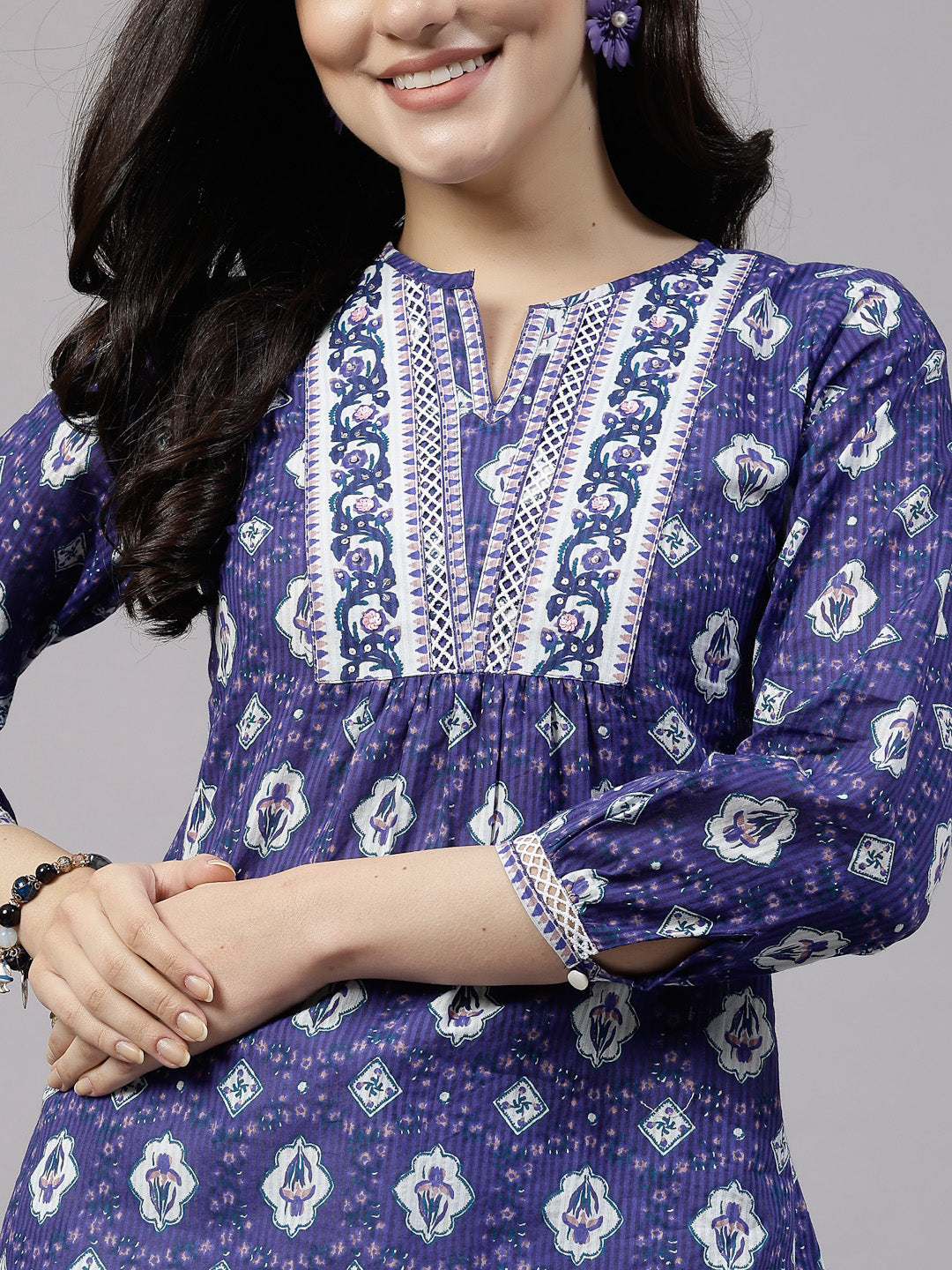 Violet floral printed Top with lace inserts