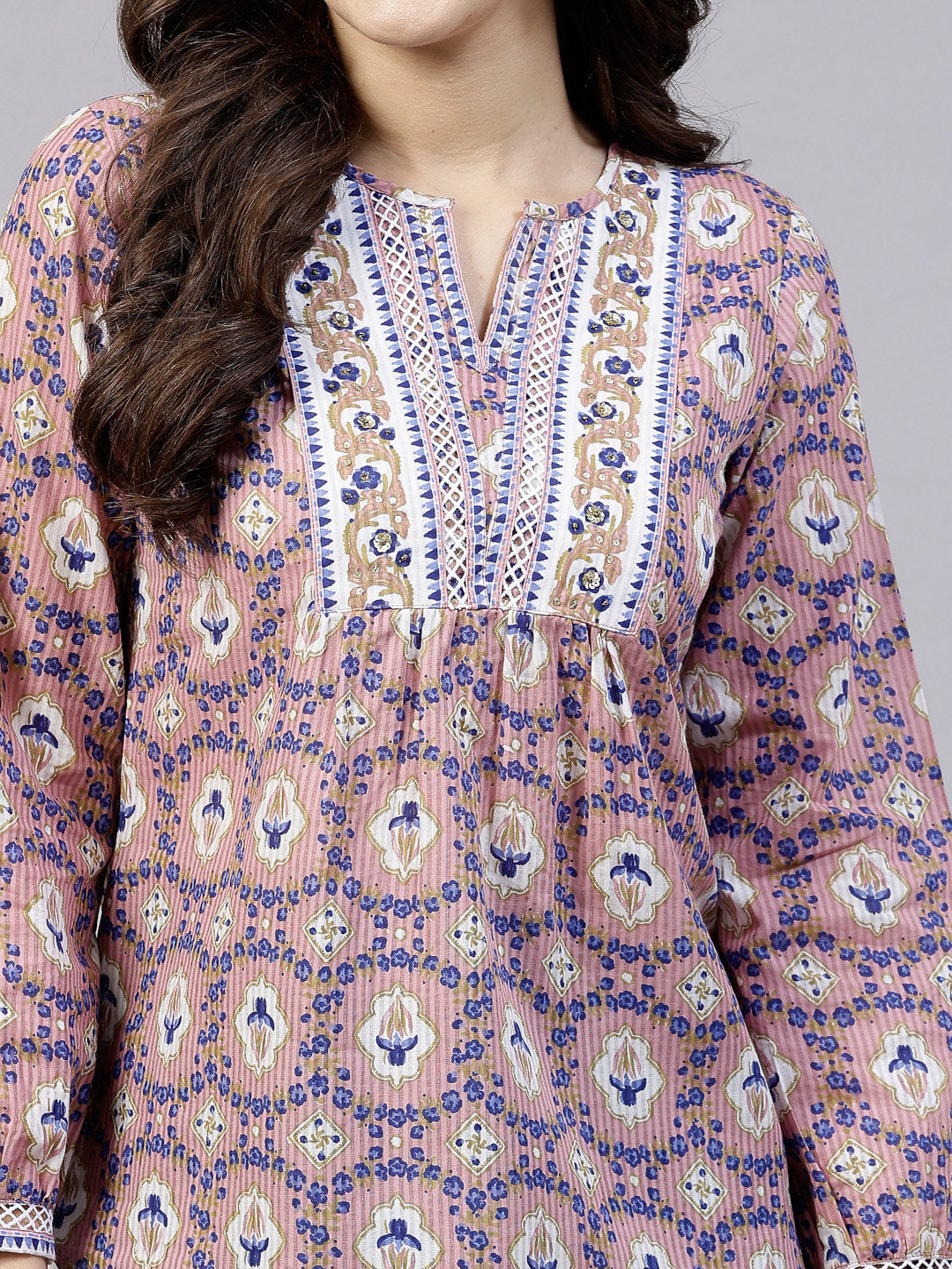 Pink floral printed Top with lace inserts