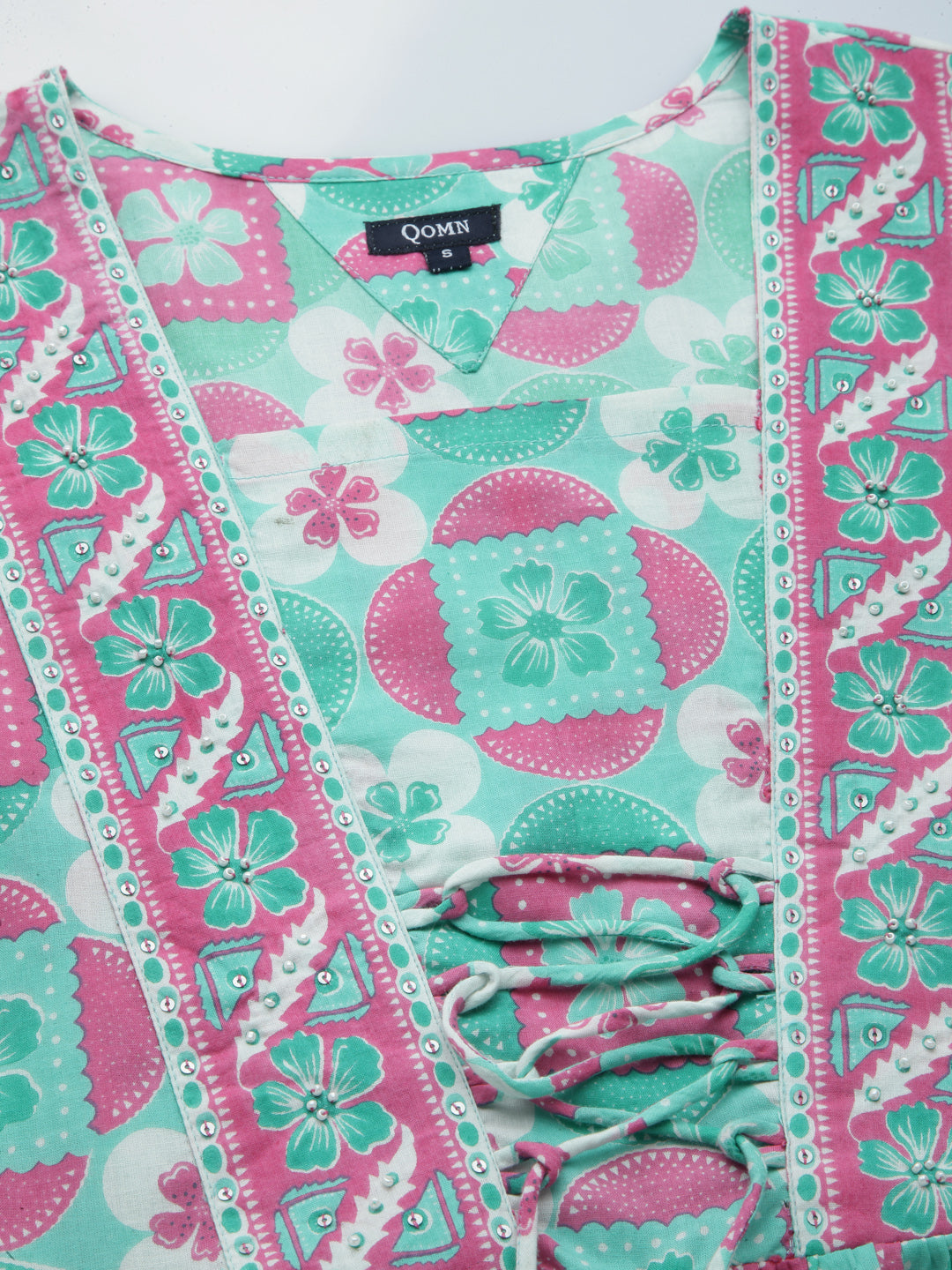 Sea Green Floral Print Tie up Top