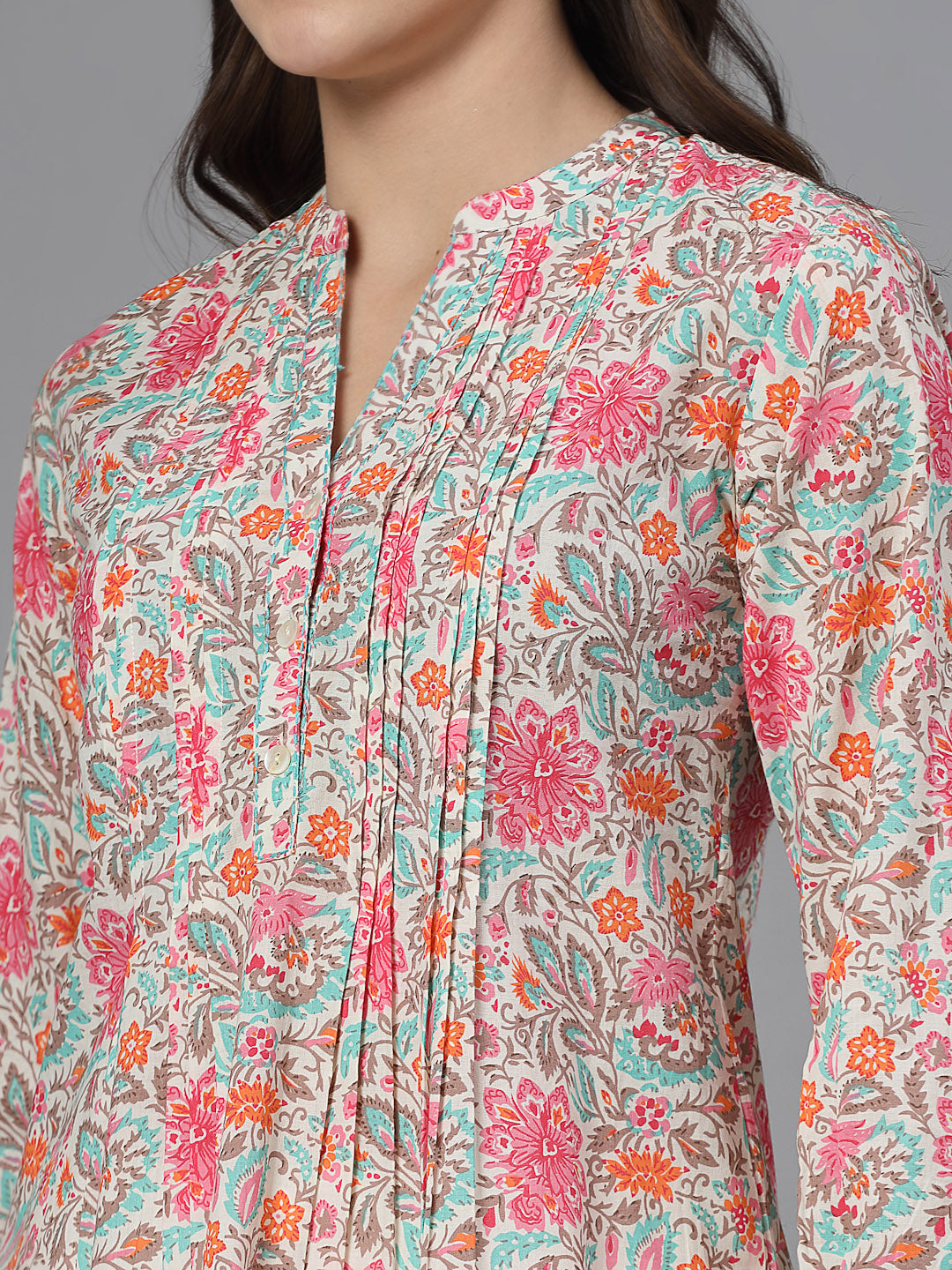 Pink Floral Print Mandarin Collar Long Sleeves Pintucks Top