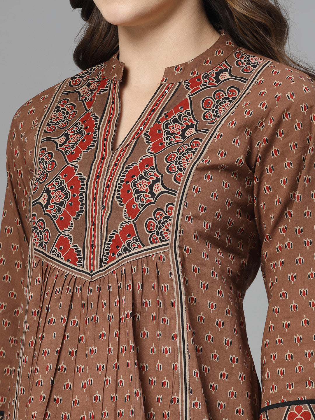 Rust Print Mandarin Collar Empire Pure Cotton Top