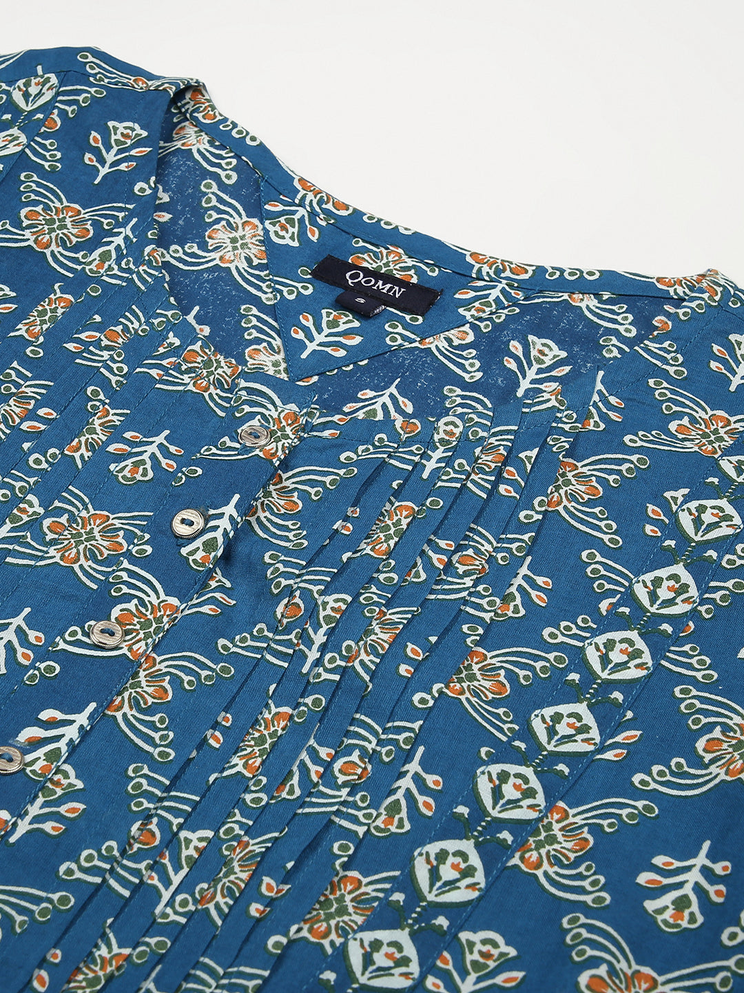 Teal Printed Pintucks Detail Top