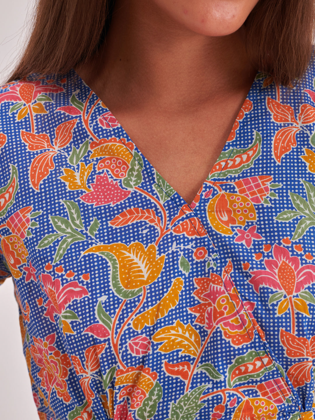 Blue printed cinched waist top