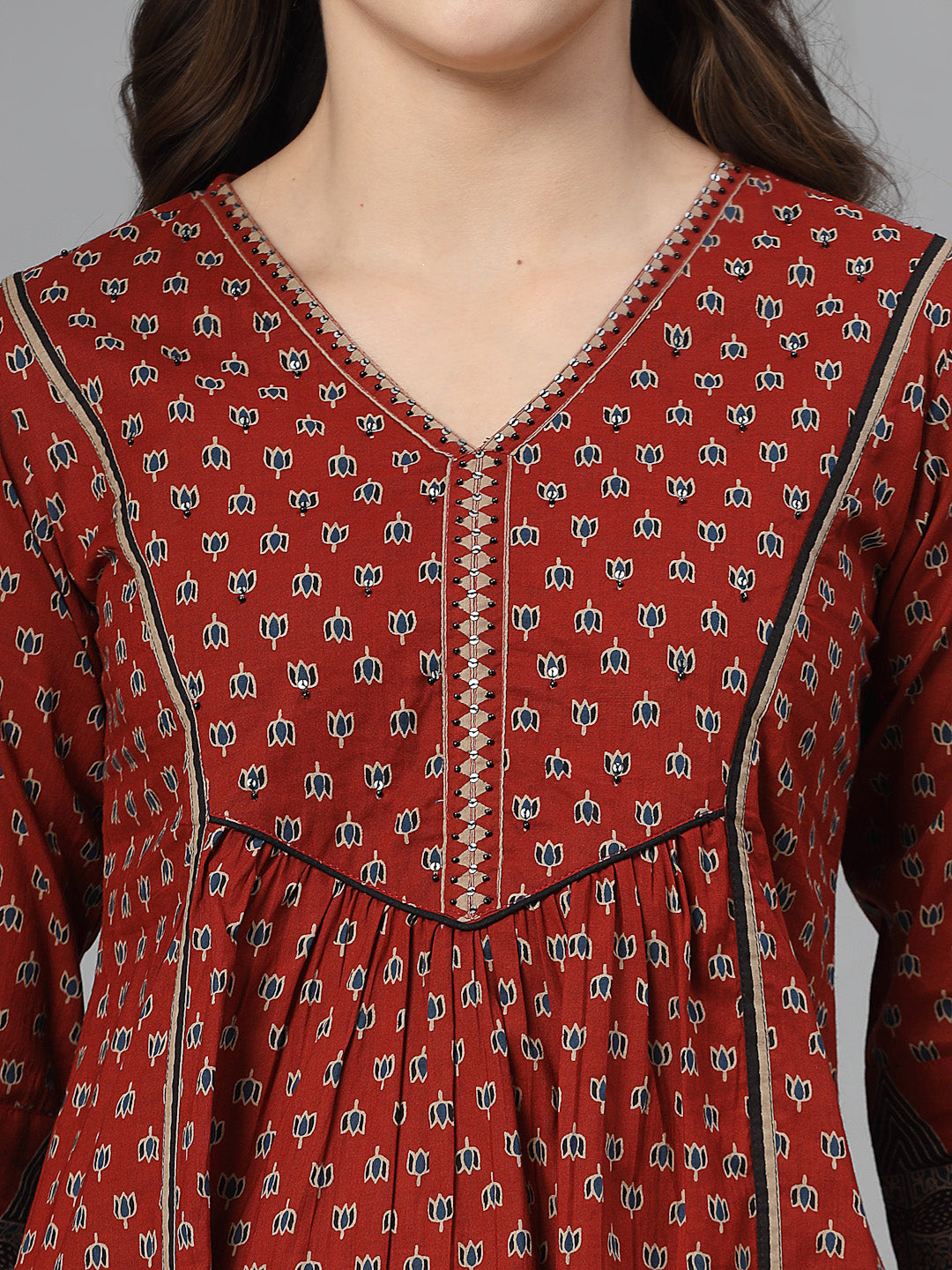 Red Printed V-Neck Gathered Pure Cotton Empire Top