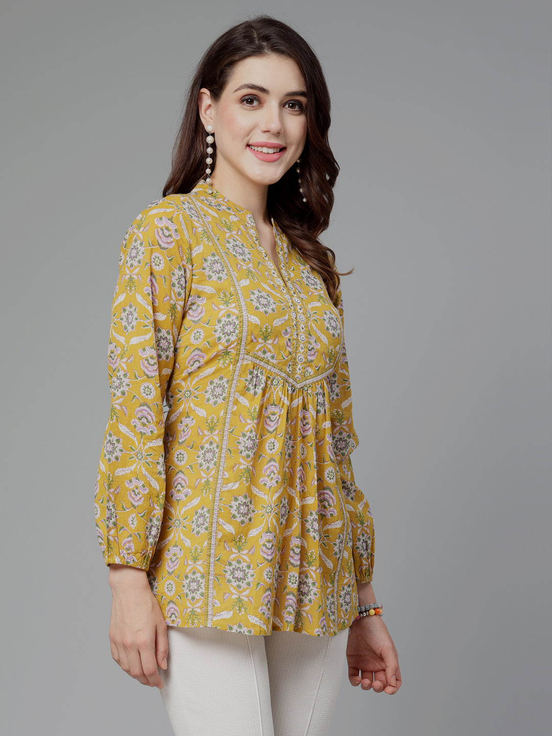 Ethnic Motifs Printed Mandarin Collar Pure Cotton Top
