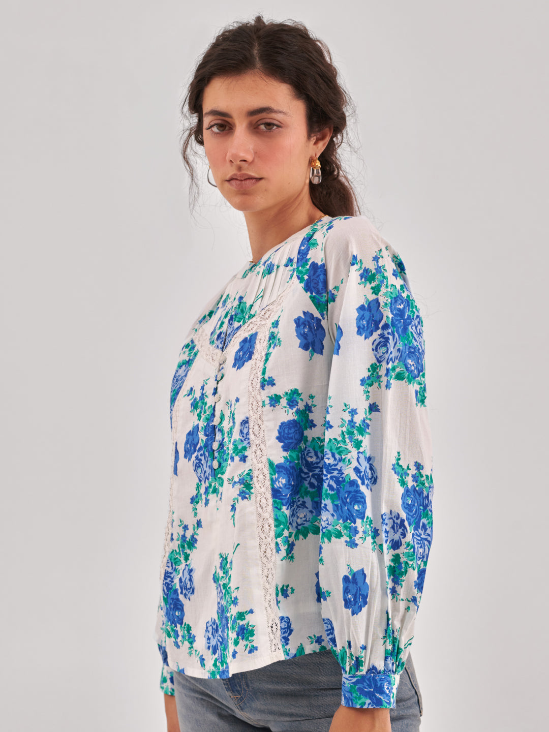 Rose print lace insert Top