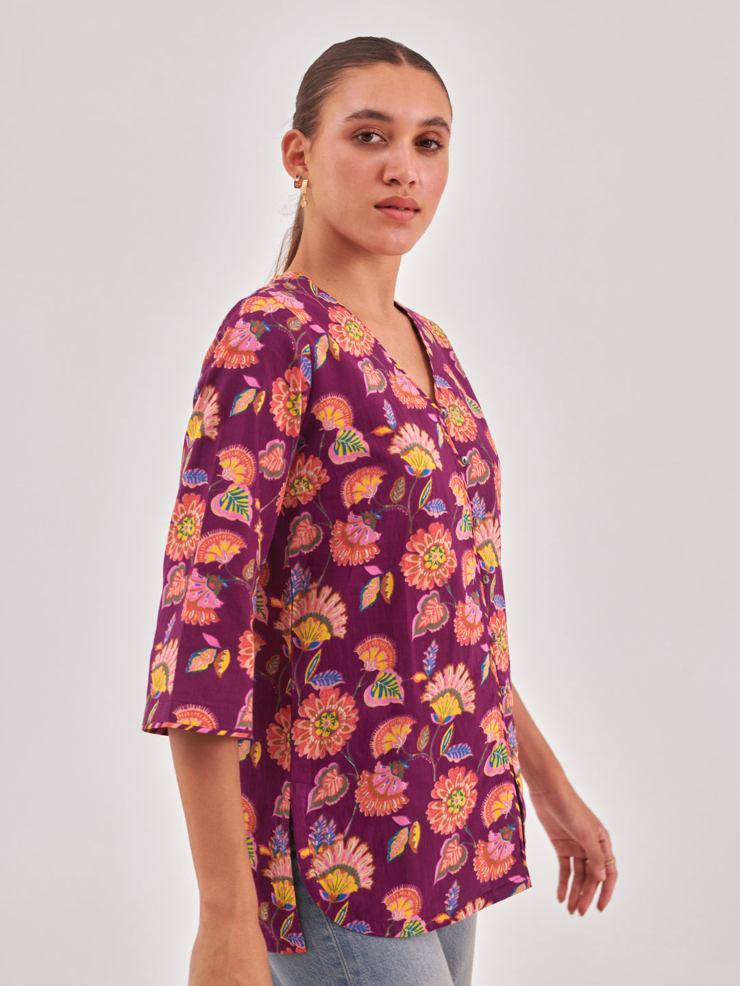 Floral Print Cotton Shirt Style Top