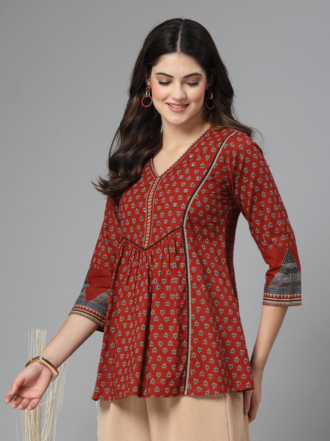 Red Printed V-Neck Gathered Pure Cotton Empire Top