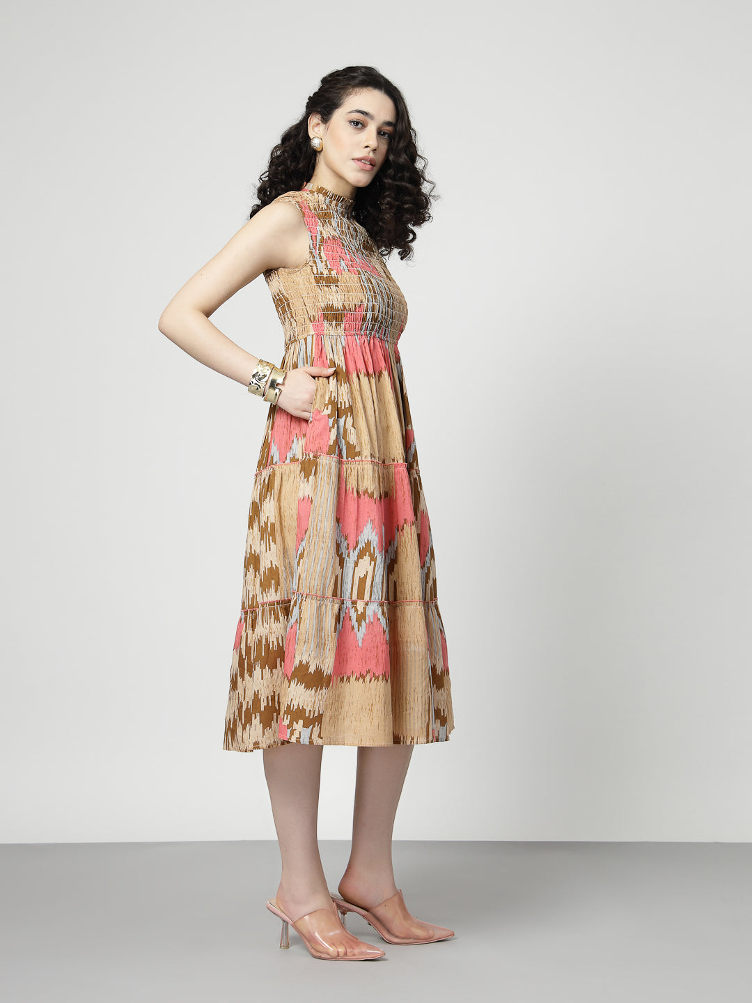 Ikat Print smocking midi dress