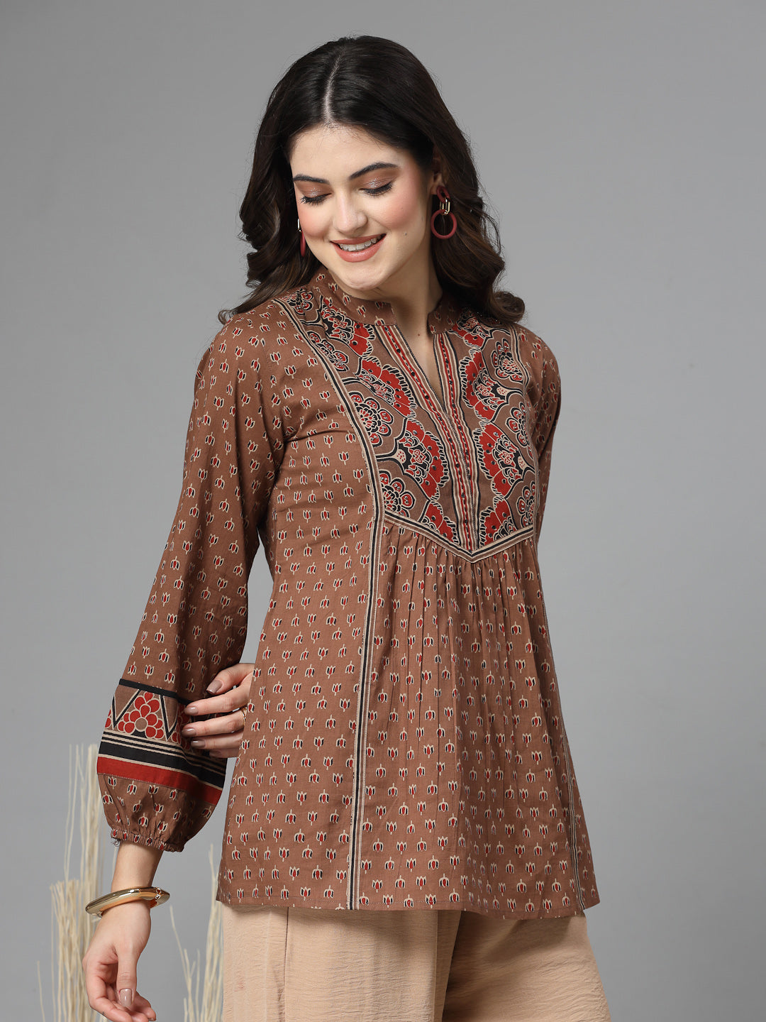 Rust Print Mandarin Collar Empire Pure Cotton Top