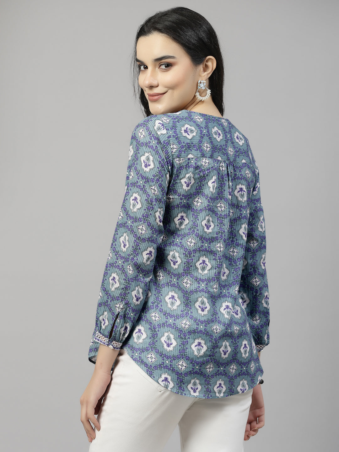Pastel Green floral printed Top with lace inserts