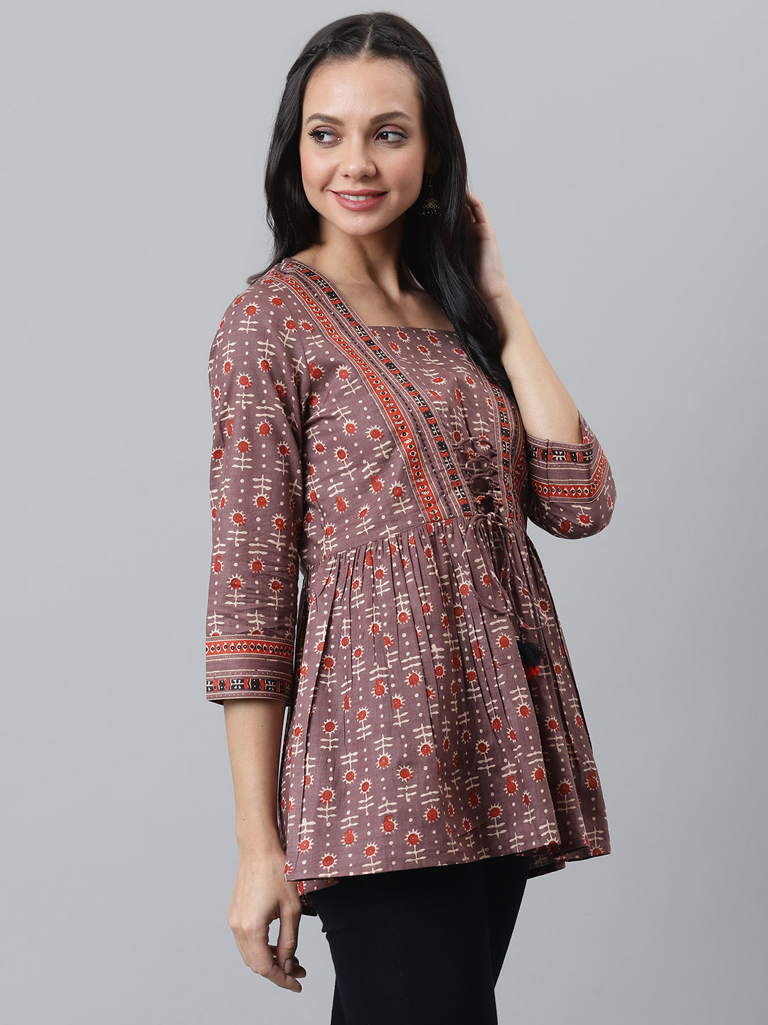 Rust Printed top with gathers and tie up detail