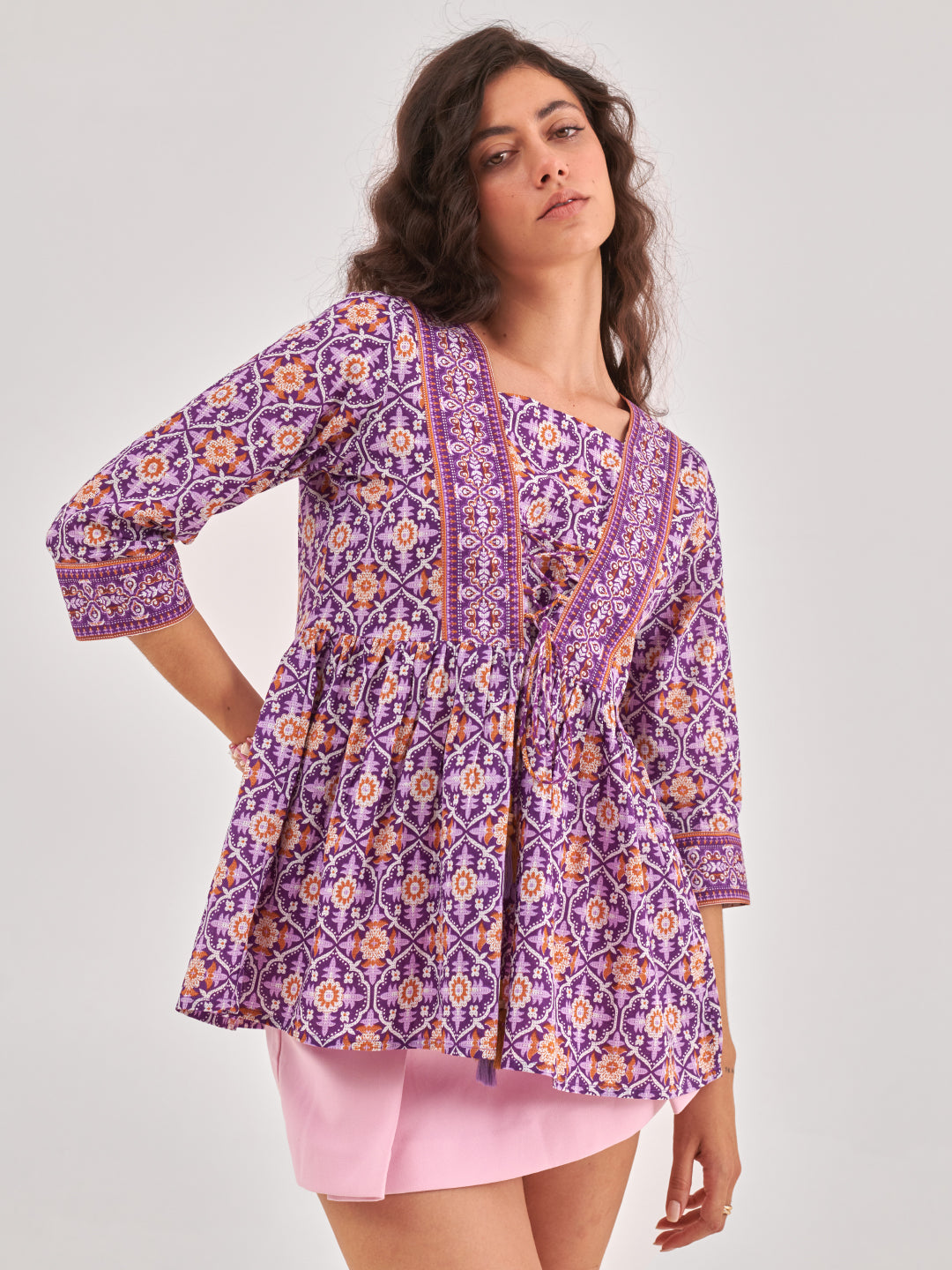 Purple Printed top with gathers and tie up detail