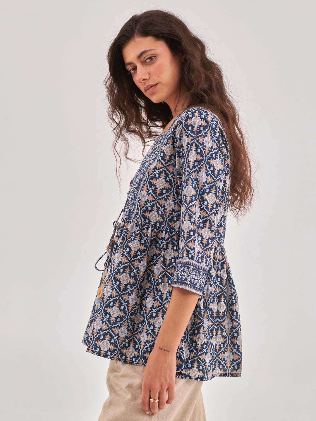 Navy Blue Printed top with gathers and tie up detail